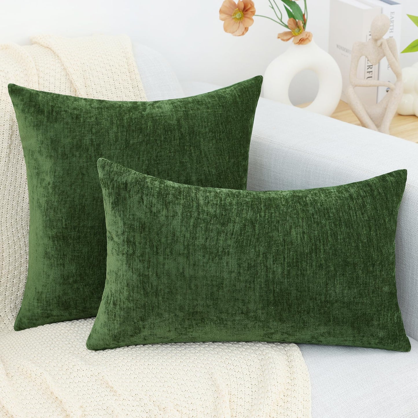 decorUhome Chenille Moss Green Throw Pillow Covers 18x18 Inch Set of 2, Decorative Soft Couch Pillow Covers Solid Dyed Accent Farmhouse Neutral Square Pillow Cases for Sofa