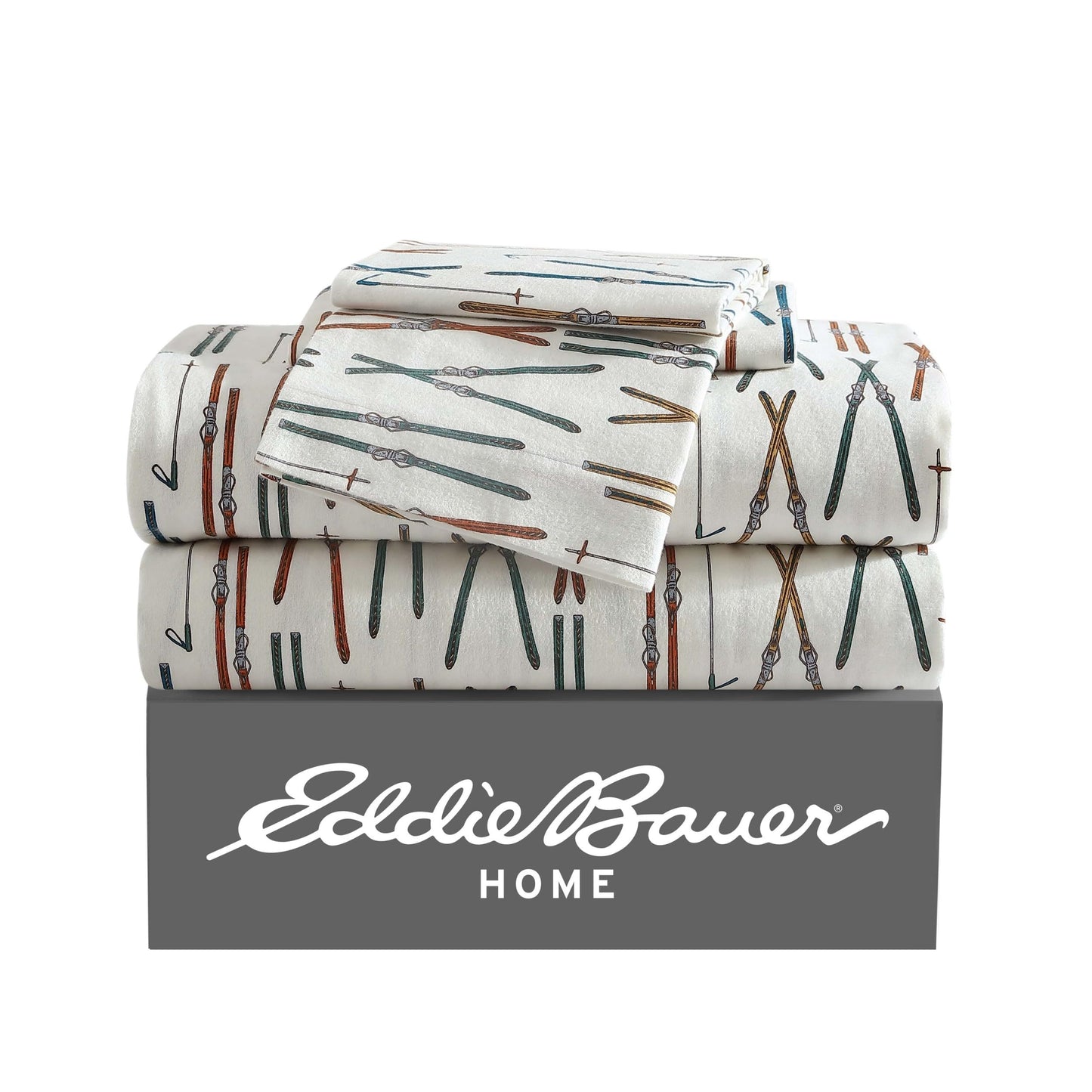 Eddie Bauer - Flannel Sheets Queen Size, Anti-Pilling & Wrinkle Resistant Cotton, Touchably Soft for All-Season Comfort - Bed Sheets with Matching Pillowcases & Fitted Sheet (Ski Line White)