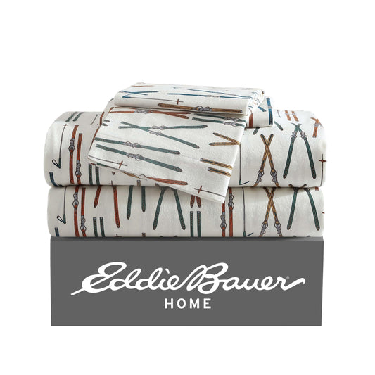 Eddie Bauer - Flannel Sheets Queen Size, Anti-Pilling & Wrinkle Resistant Cotton, Touchably Soft for All-Season Comfort - Bed Sheets with Matching Pillowcases & Fitted Sheet (Ski Line White)