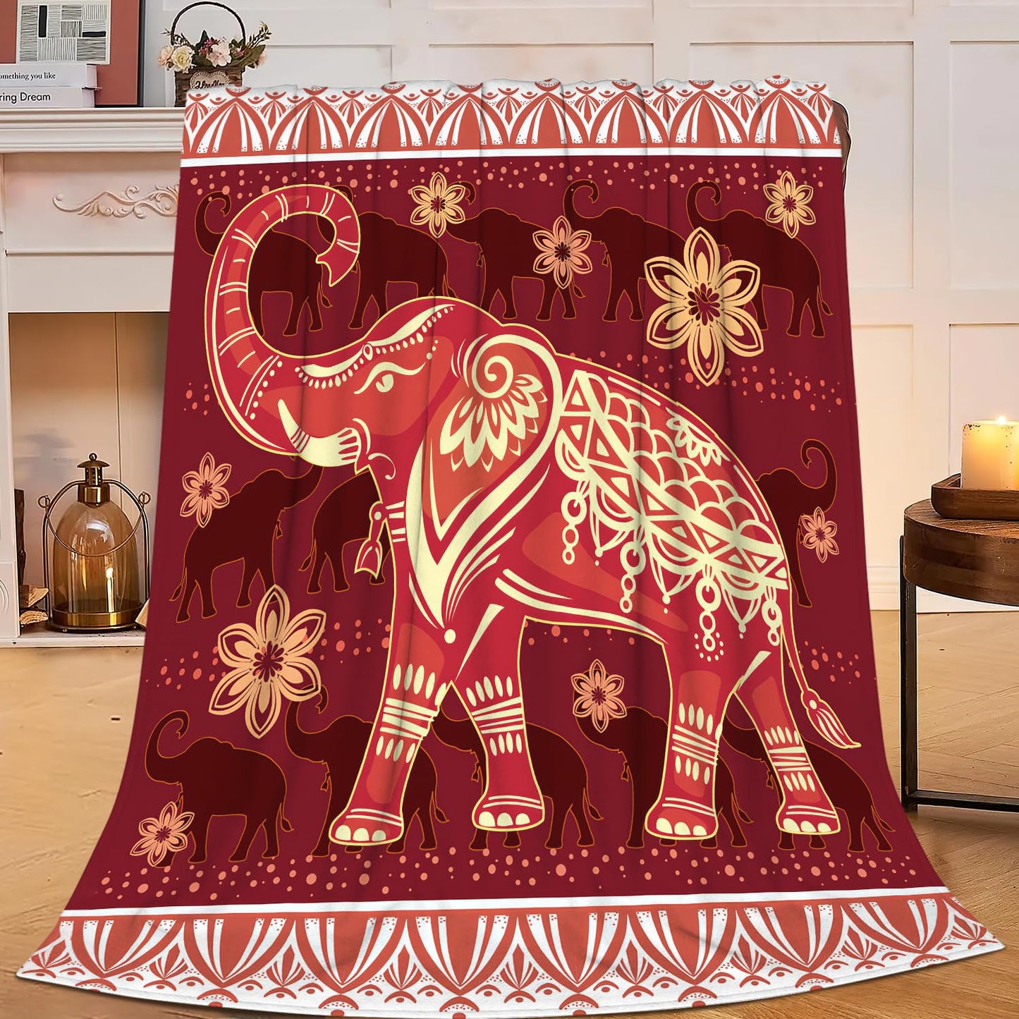 SweetFox Elephant Blanket Red Boho Elephant Decor Throw Blanket Gifts for Girls Boys Super Warm Soft Plush Lightweight Fleece Flannel Winter Couch Bedding Blankets for Kids Adults Women Men 50"X40"