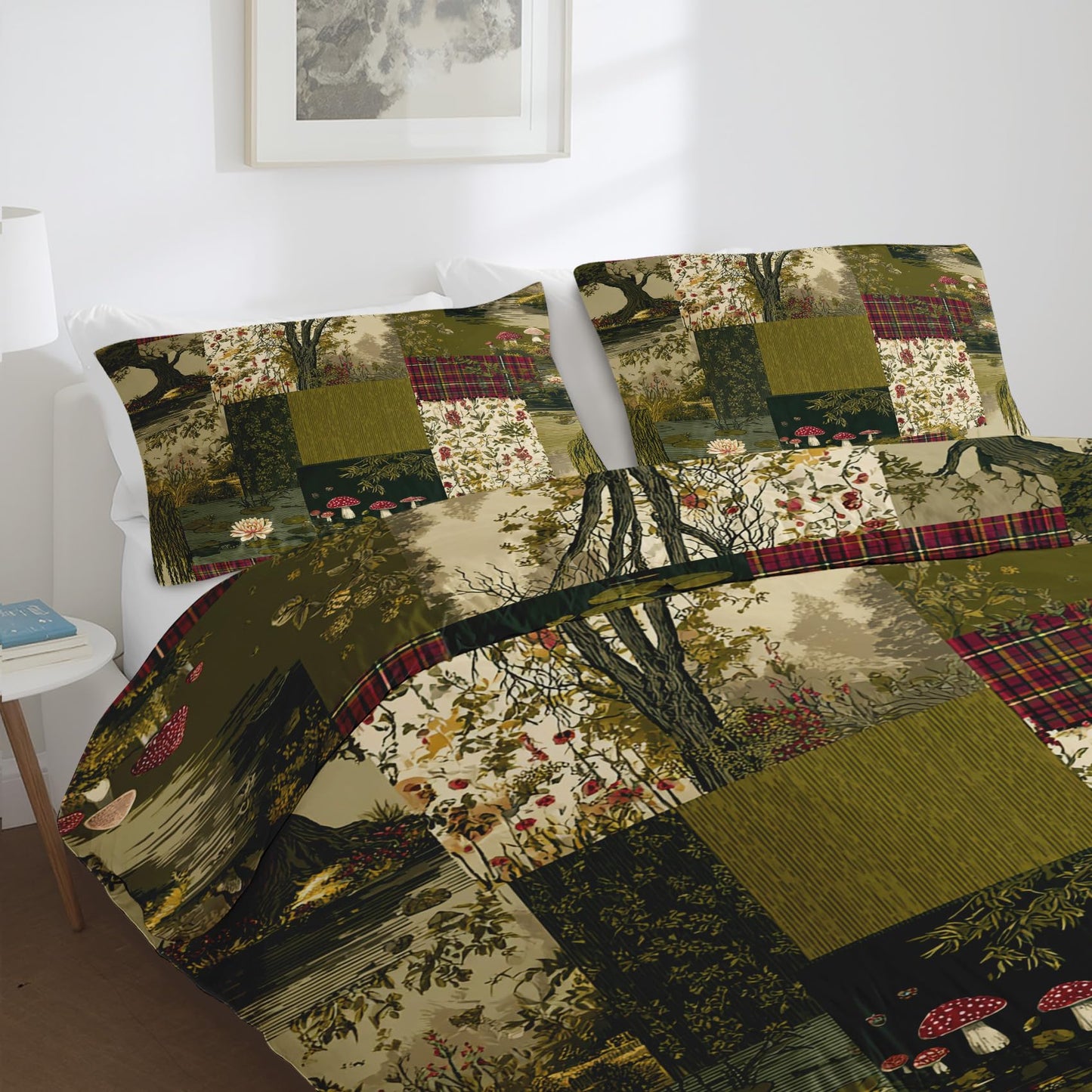 Botanical Patchwork Duvet Cover King Size Spring Floral Bedding, Green Red Rustic Comforter Cover Set Microfiber 3pcs Washed Comfy Breathable with 2 Pillow Shams & Zipper Closure, 104"x90"