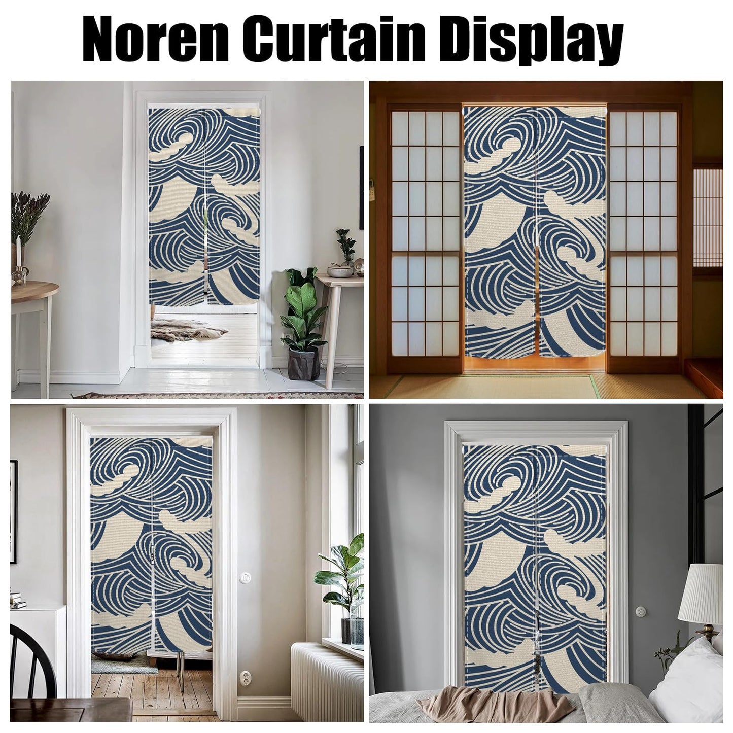 XMJJKUF Japanese Noren Doorway Curtain Traditional Japanese Wave Curtains for Livingroom Windows Doorway Tapestry Polyester Panel for Room Divider Kitchen Home Decorations,33.5"x 70.9"
