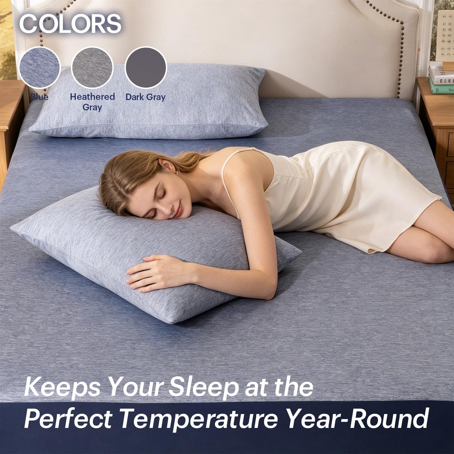 OMERAI 3 Piece Cooling King Size Sheet Set, Bed Sheets Set with 1 Fitted Sheet & 2 Pillowcases, Breathable Cool-to-Touch Fabric, Soft Smooth Deep Pockets Bed Sheets for Summer, Blue
