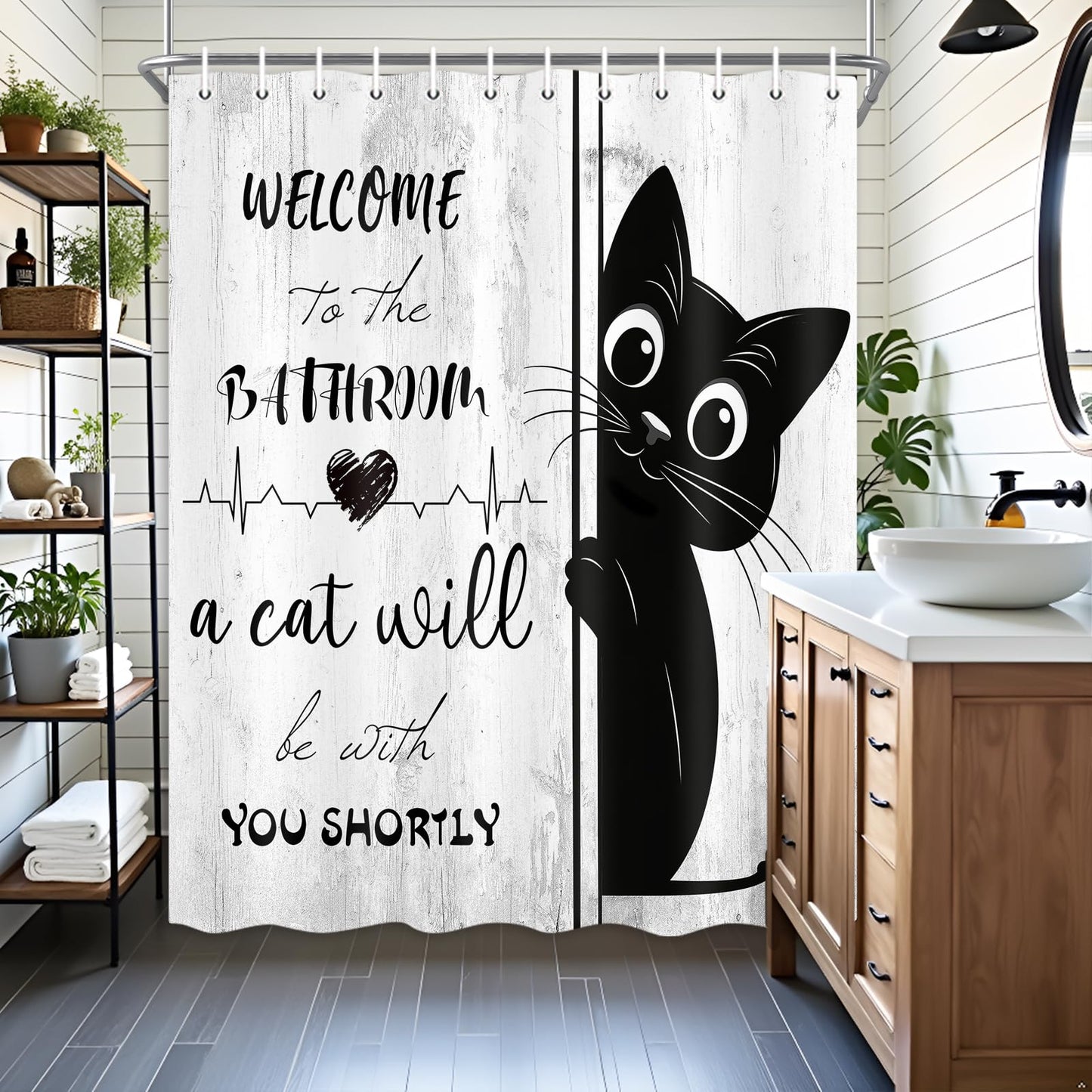 JAWO Funny Black Cat Shower Curtain, Welcome to The Bathroom Rustic Farmhouse Fabric Shower Curtain Set with Hooks, Cute Kitten Animal Waterproof Bath Curtain for Bathroom Decor,12pcs Hooks,69X70 in