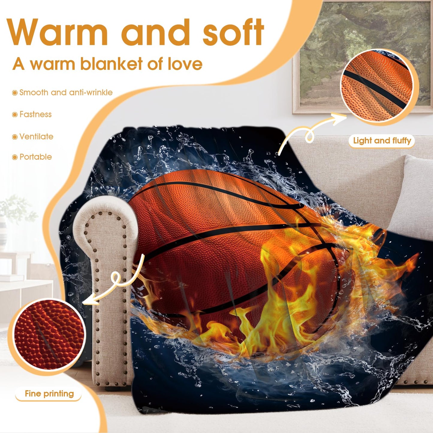 Hohoto Basketball Blanket Sports Gifts for Men Women Kids Teen Boys Girls Birthday Christmas Halloween Easter Son Boyfriend Students Team Player Teammates Throw Blanket 50"x60"