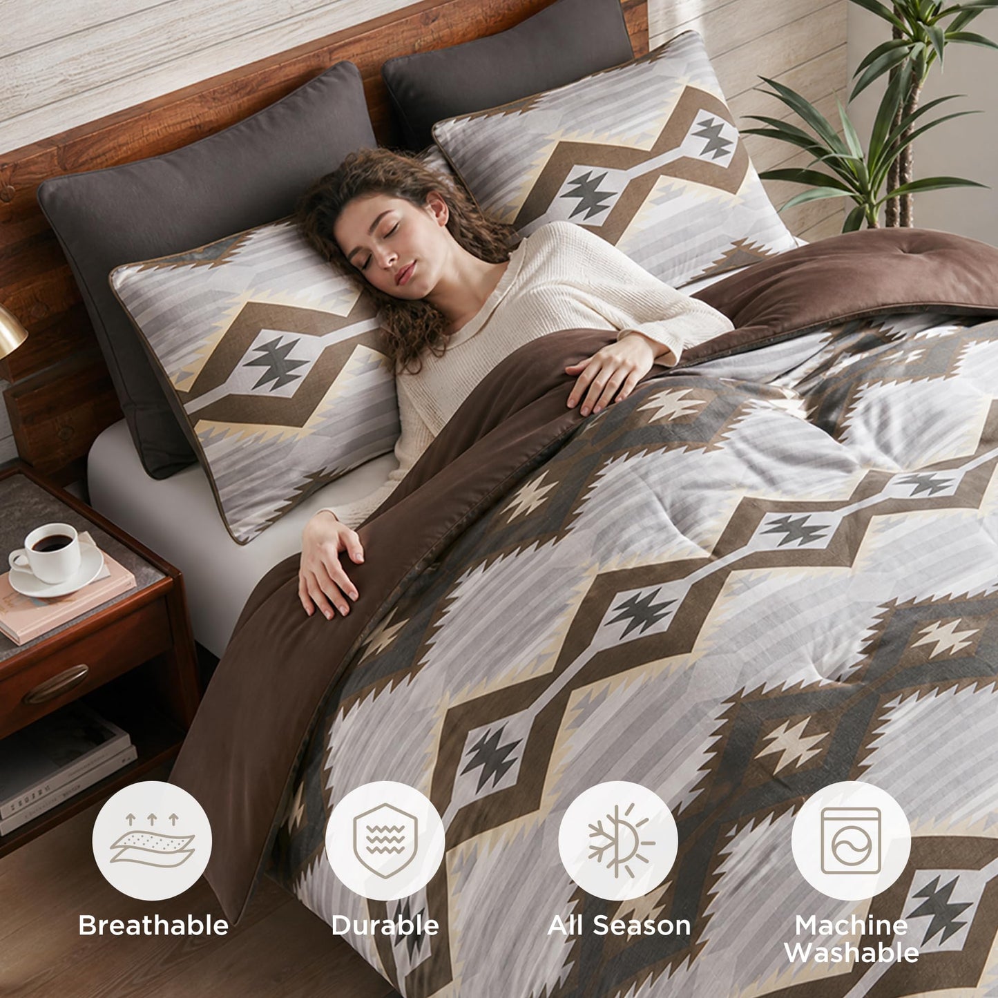 Woolrich Queen Comforter Set, Southwestern Aztec 8 Piece Bedding Set, Oversized All Season Down Alternative Comforter with Shams, Euro Shams, Decorative Pillows & Bedskirt, Rustic Cabin, Grey Brown
