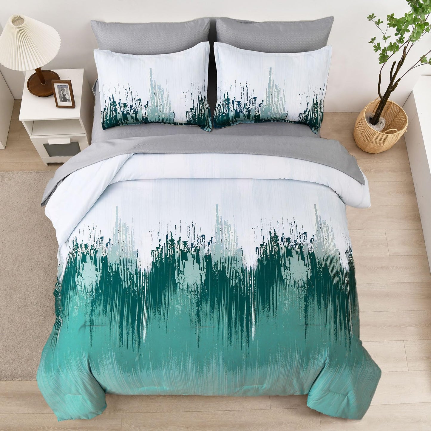 WONGS BEDDING Comforter Set Queen,Aqua 7 Pieces Bed in a Bag Colorful Abstract Art Gradient Comforter Microfiber Bedding Set,1 Comforter, 1 Flat Sheet, 1 Fitted Sheet, 2 Pillow Shams,2 Pillowcases