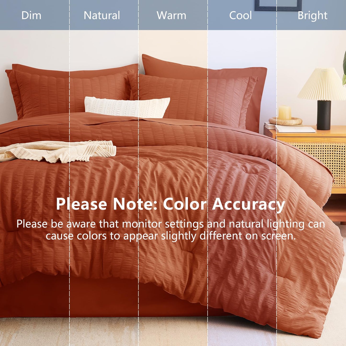 CozyLux Queen Comforter Set Burnt Orange, 7 Pieces Seersucker Textured Luxury Bed in a Bag, Terracotta All Seasons Bedding Sets with Down Alternative Comforter, Sheets, Pillowcases & Shams, Home Gift