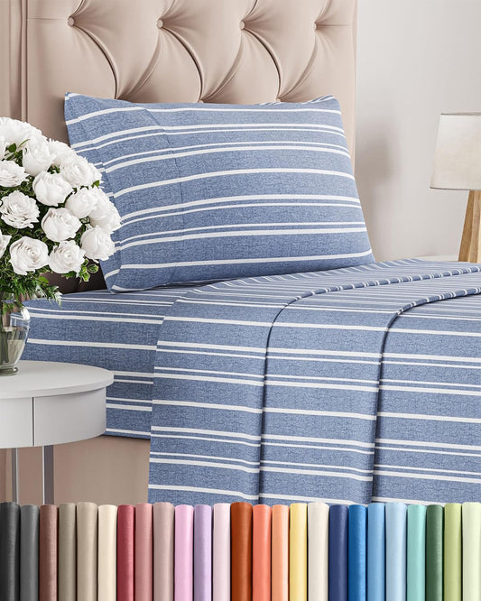 Twin Size 3 Piece Sheet Set - Comfy Breathable & Cooling Sheets - Hotel Luxury Bed Sheets for Women & Men - Deep Pockets, Easy-Fit, Soft and Wrinkle Free Sheets - Blue Stripes Oeko-Tex Bed Sheet Set