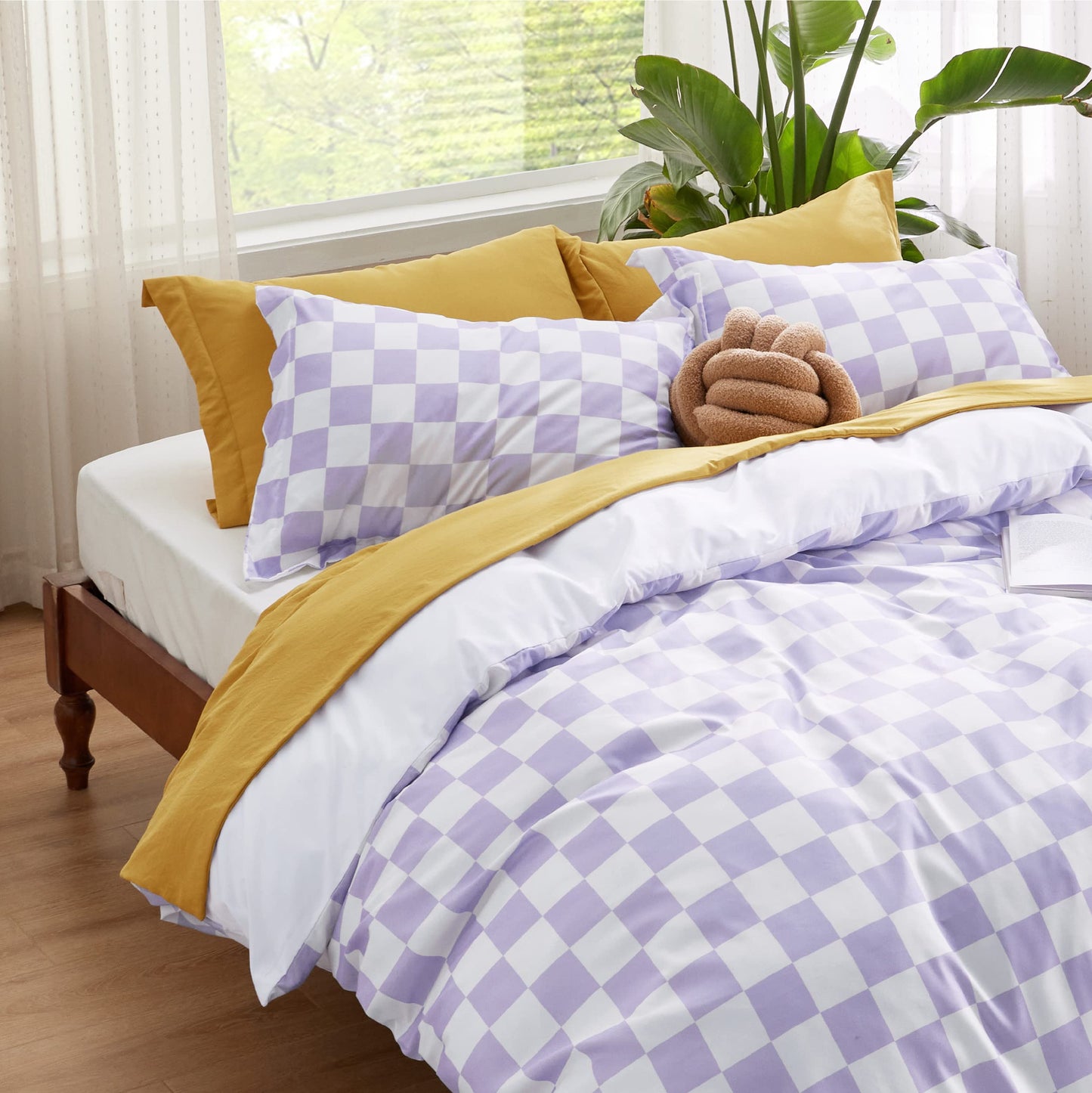 Bedsure Duvet Cover King Size - Reversible Checked Plaid Duvet Cover Set with Zipper Closure, 3 Pieces Purple Bedding Set with 8 Corner Ties and 2 Pillow Shams 20"x36"
