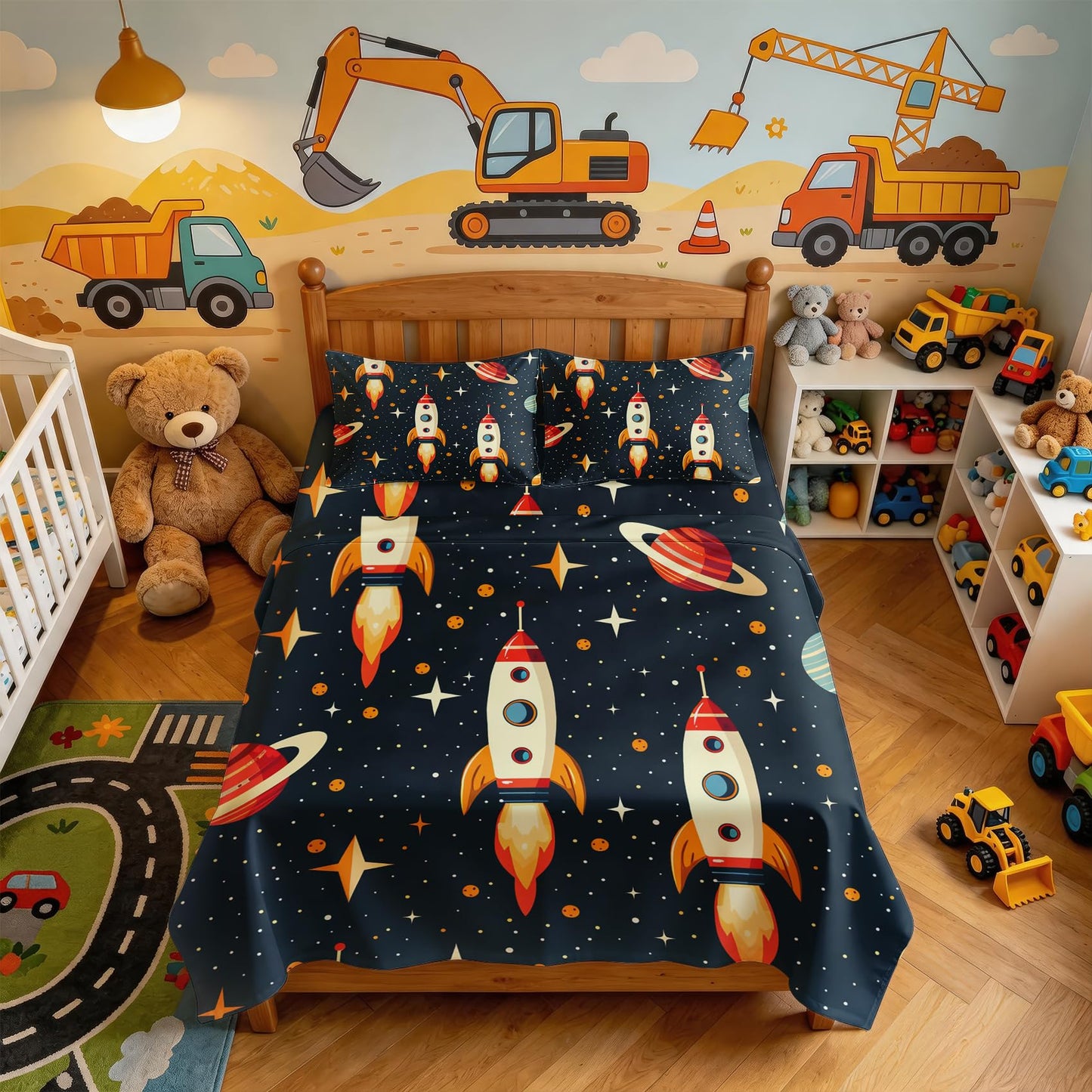 Rocket Twin Sheet Set 3 Pcs Boys Outer Space Bed Sheets, Navy Blue Red