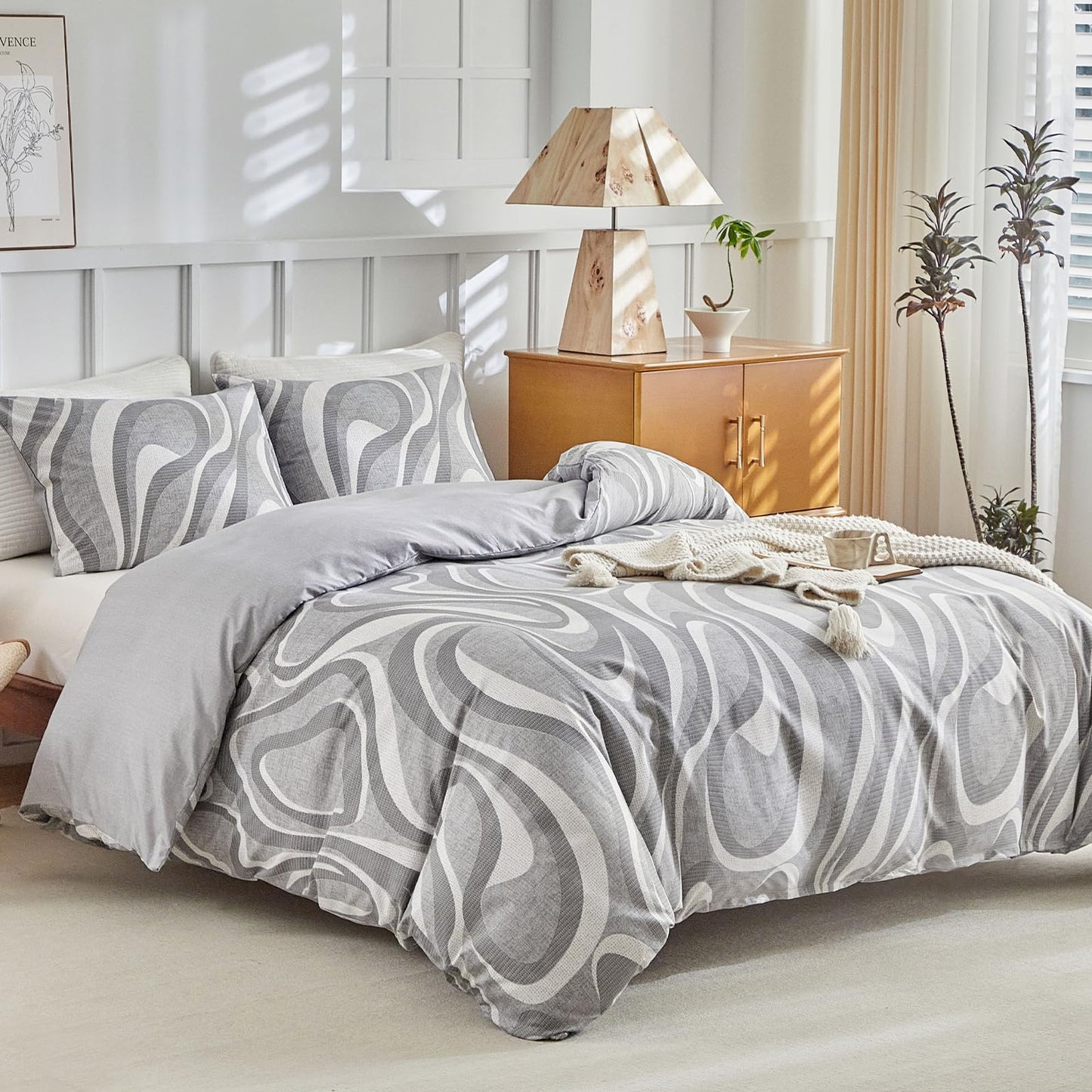 Lekesky Grey Duvet Cover King Size, Abstract Geometric Print King Duvet Cover Set, 3 Pieces Soft Microfiber Duvet Cover Modern Bedding Set (1 Duvet Cover 104"x90", 2 Pillowcases 20"x36")