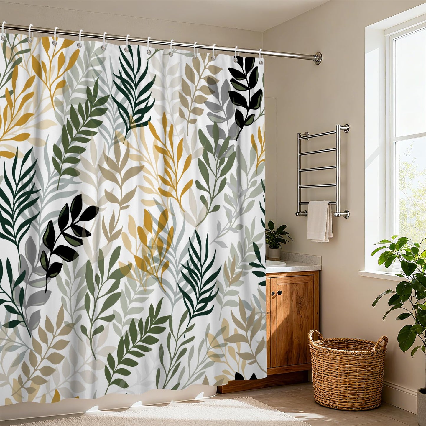 OFILA Leaves Shower Curtain for Bathroom Modern Abstract Plant Leaves Nature Shower Curtains Waterproof Polyester Fabric Decorative Patterned Bath Curtain 72×72 Inch