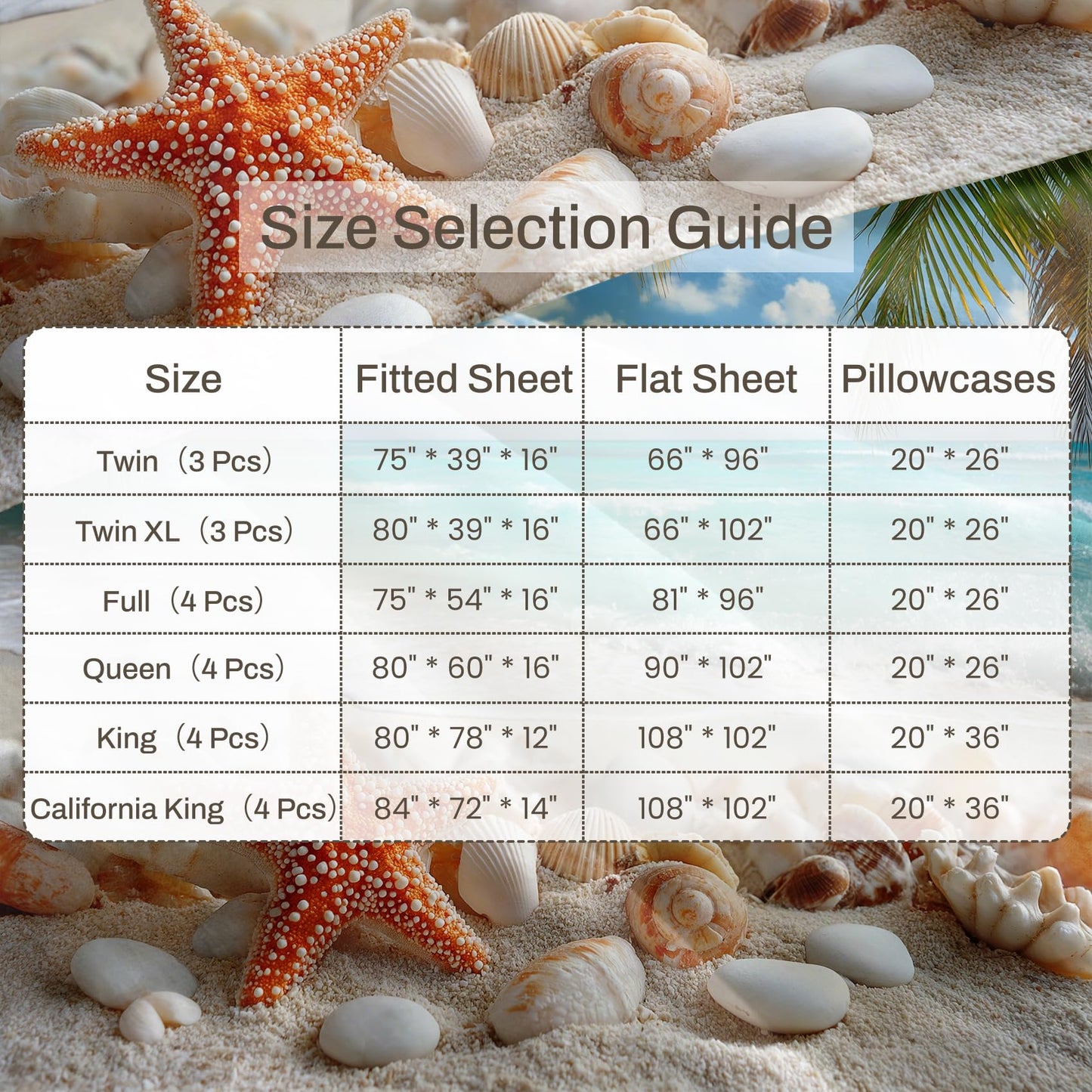 Tropical Beach Sheet Set, 4 Pcs Queen Size Starfish Seashells Bed Sheets