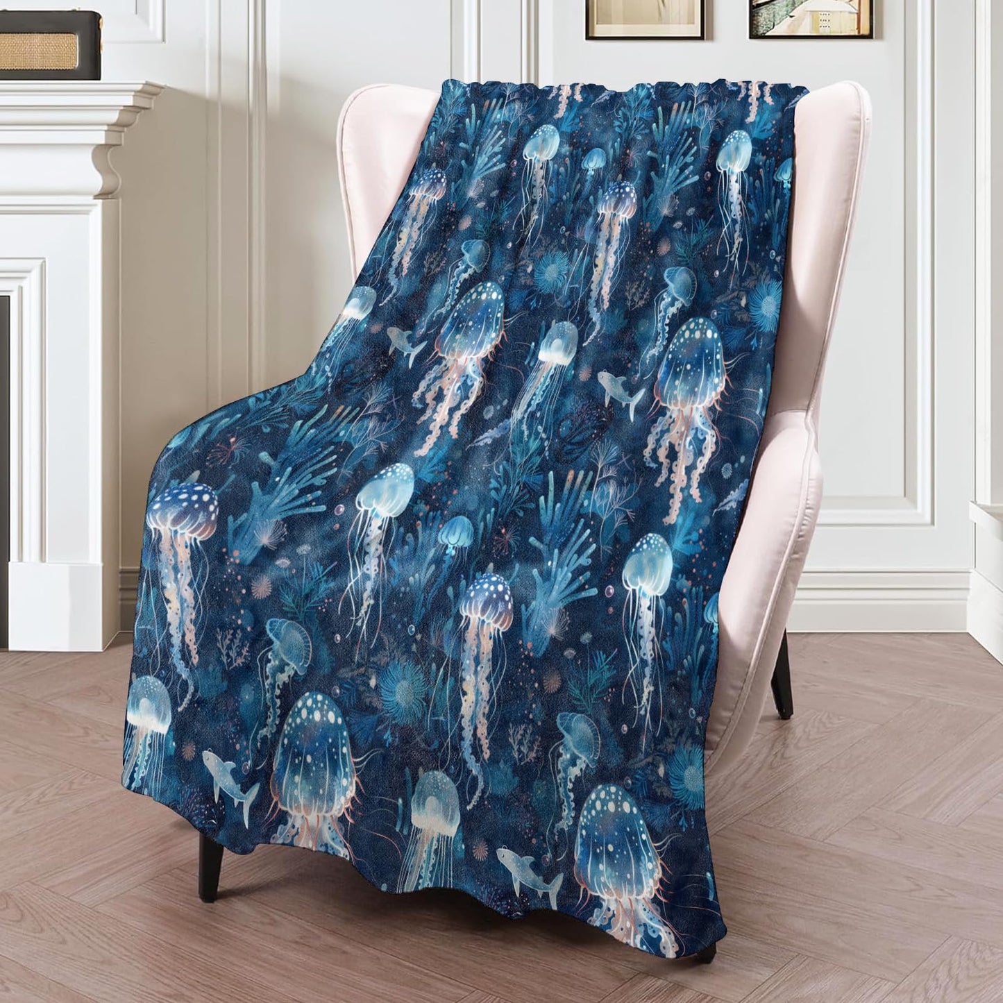 ICAAV Ocean Jellyfish Blanket for Adults 50×60 Inch,Deep Sea Glow Inspired Flannel Throw with Coral and Fish Design, Soft Cozy Nautical Decor, Blue Underwater Illustration Pattern,Gifts Blankets