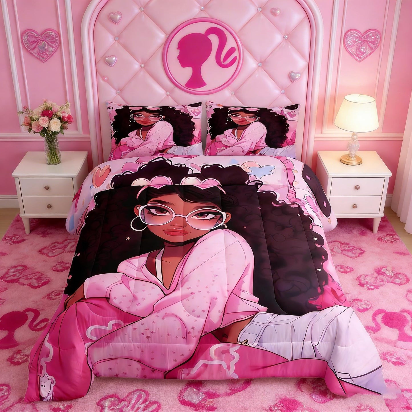 Black Princess Girly Kids Comforter Set Full Size,Cartoon Love Heart Print Bedding Set,Girls Women Room Decor,African American Little Girls Down Comforter,Pink Dreamy Duvet Insert,2 Pillowcases