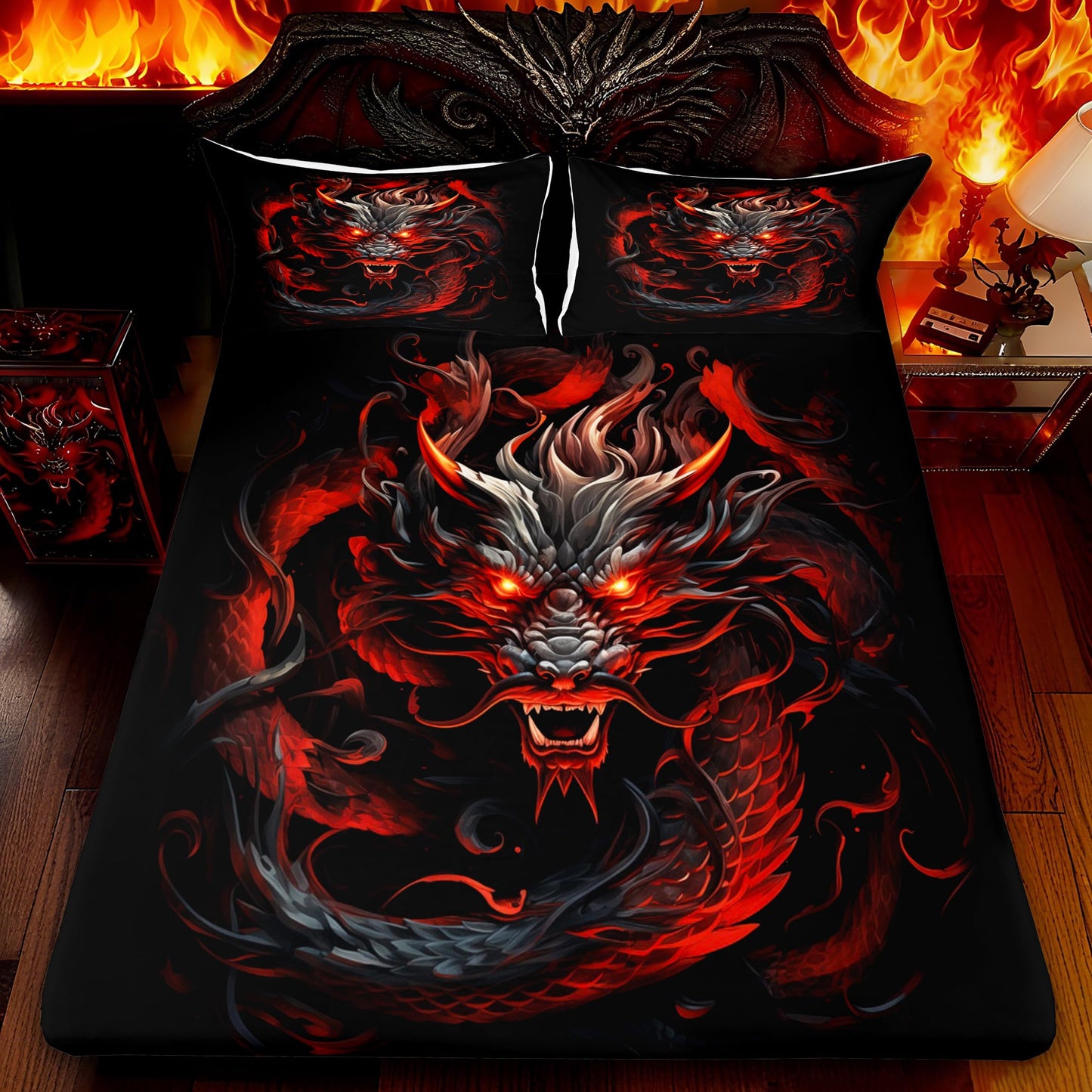 Red Black Dragon Fitted Sheet Queen Size,Glowing Flame Dragon Bedding Set 3Pcs for Kids Boys Men Adult Bedroom Decor,Wild Animals Bed Sheet Cool Magical Style Deep Pocket Sheet,2 Pillowcases
