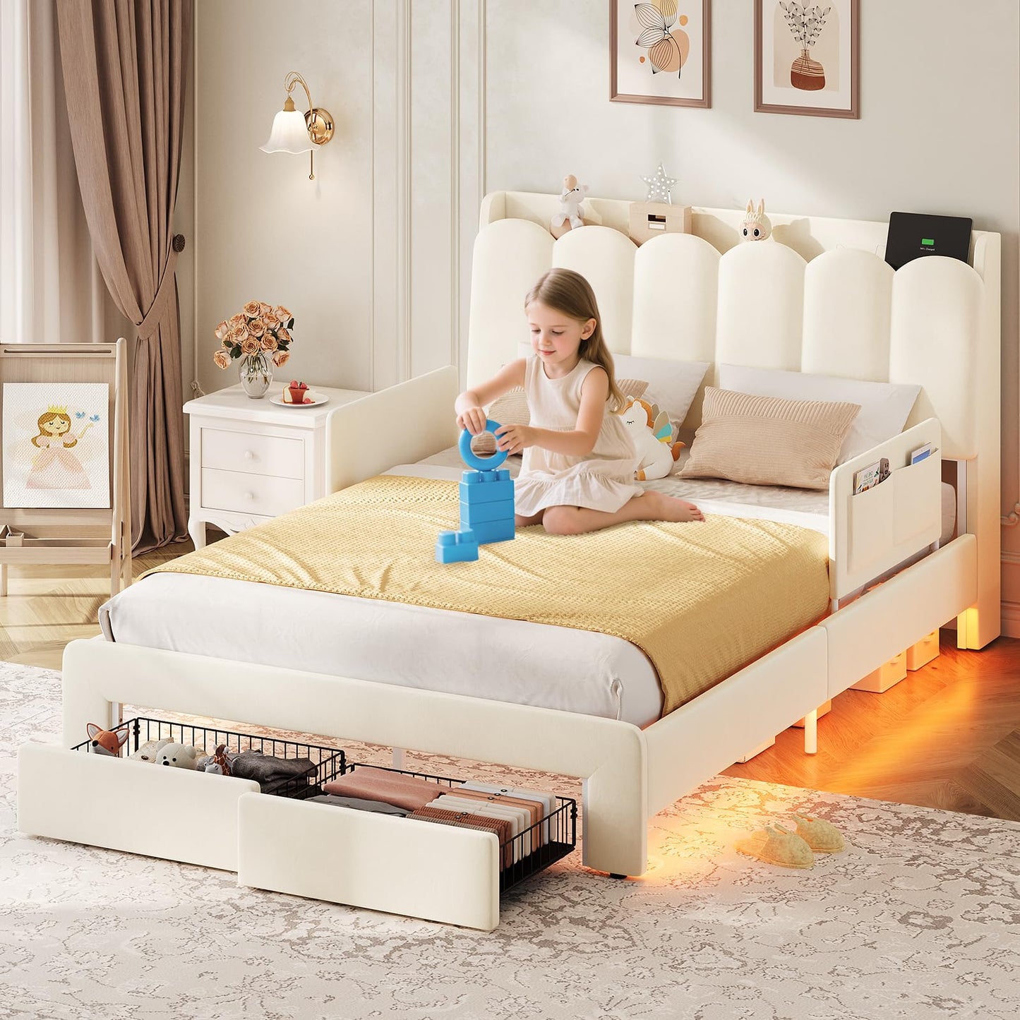 DICTAC Full Size LED Bed Frame with Storage Drawer and Safety Guardrails, Velvet Upholstered Platform Bed for Kids with Chic Wavy Storage Headboard, Charging Station, Heavy Duty Metal Support, Beige