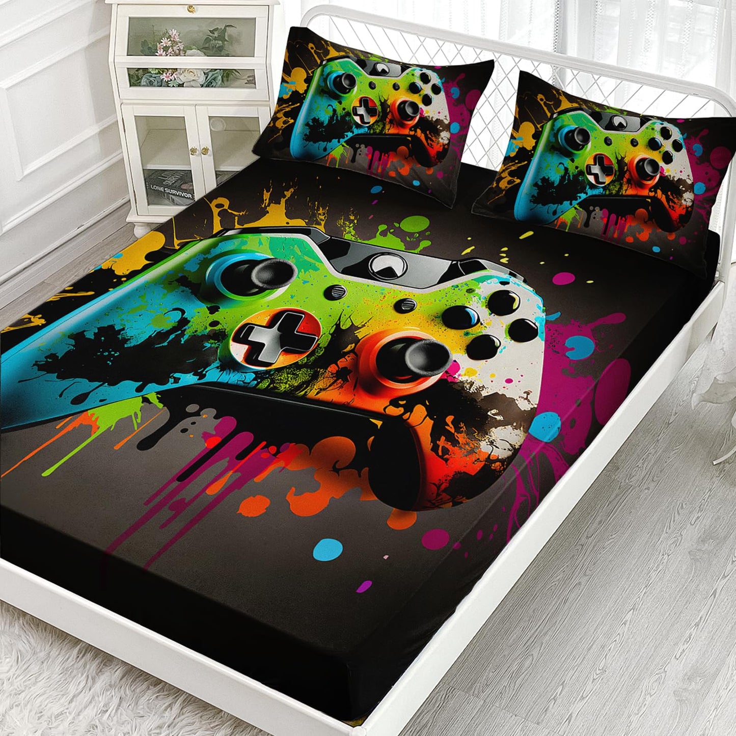 AILONEN Gaming Gamer Bedding Sheets Full Size,Graffiti Hip Hop Video Game Controller Gamepad Fitted Sheet with 2 Pillowcases,3Pcs