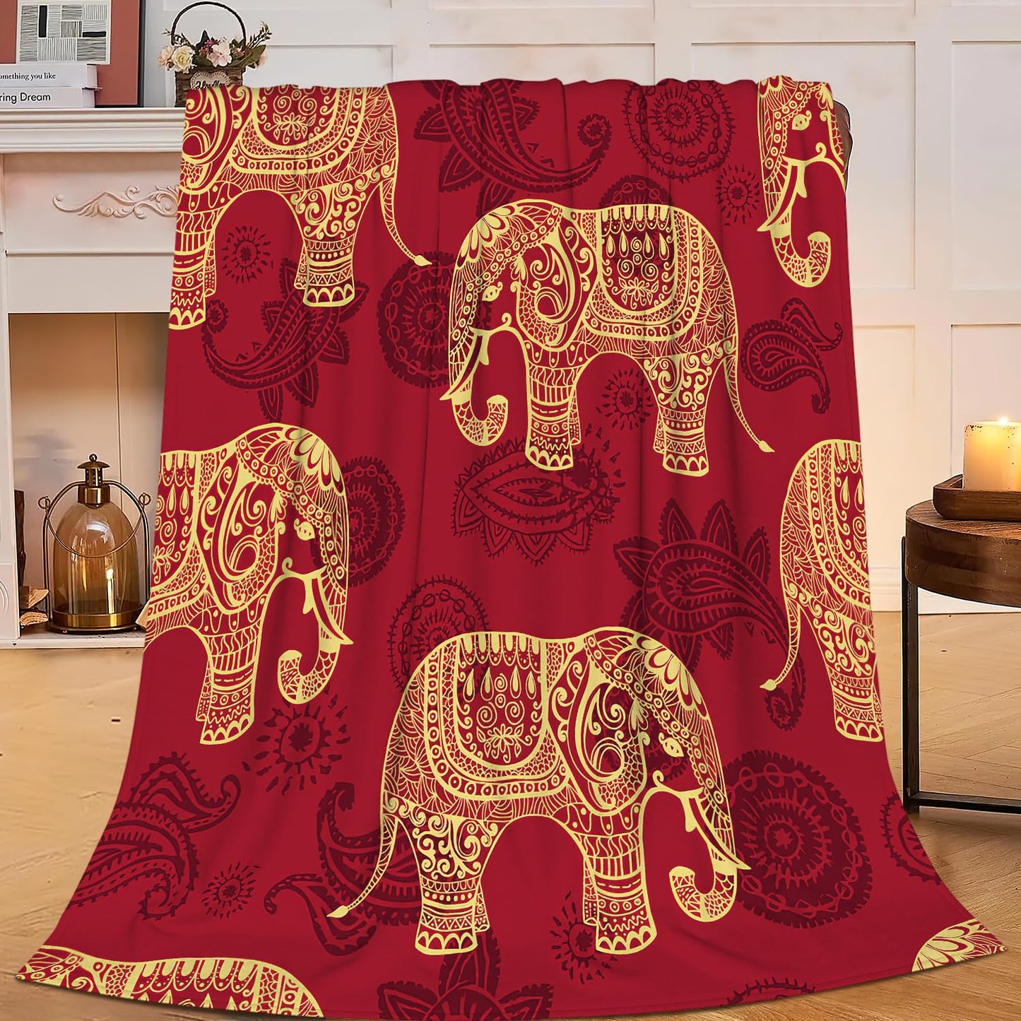 SweetFox Elephant Blanket Red Boho Elephant Decor Throw Blanket Gifts for Girls Boys Super Warm Soft Plush Lightweight Fleece Flannel Winter Couch Bedding Blankets for Kids Adults Women Men 50"X40"