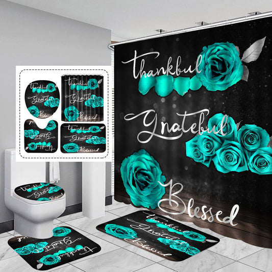 4Pcs Teal Rose Shower Curtain Set, Thankful Grateful Blessed Turquoise Bathtub Curtain with Non-Slip Rug, Toilet Lid Cover, Bath Mat and 12 Hooks, Romantic Green Floral Bathroom Decor, 72 x 72 inch