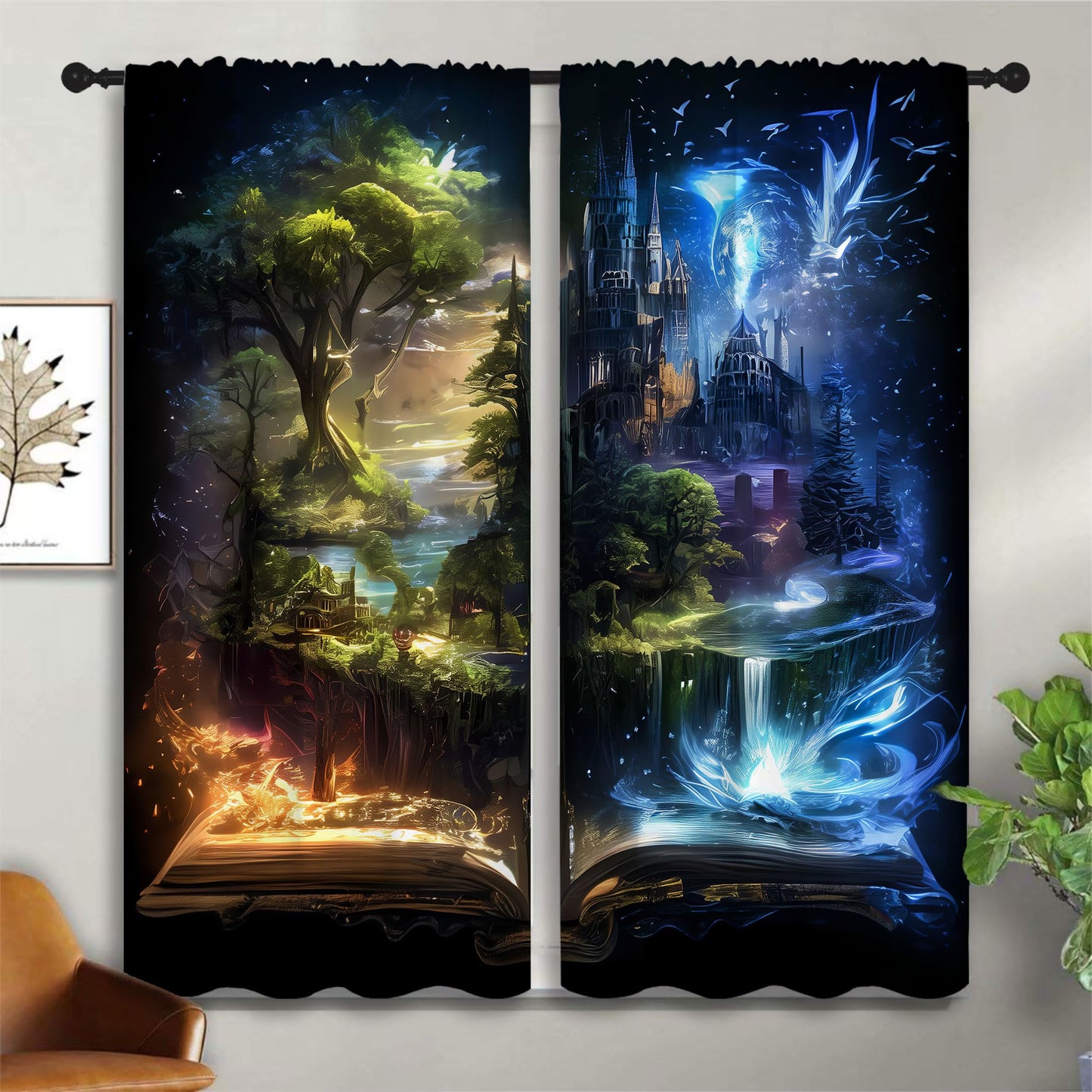 LHROOMJK Magic Castle Blackout Curtains for Boys Girl Bedroom Decor,Blue Aurora Mysterious Anime Style Thermal Insulated Rod Pocket Drapes Darkening Window Curtain for Living Room Home 42x63 inch
