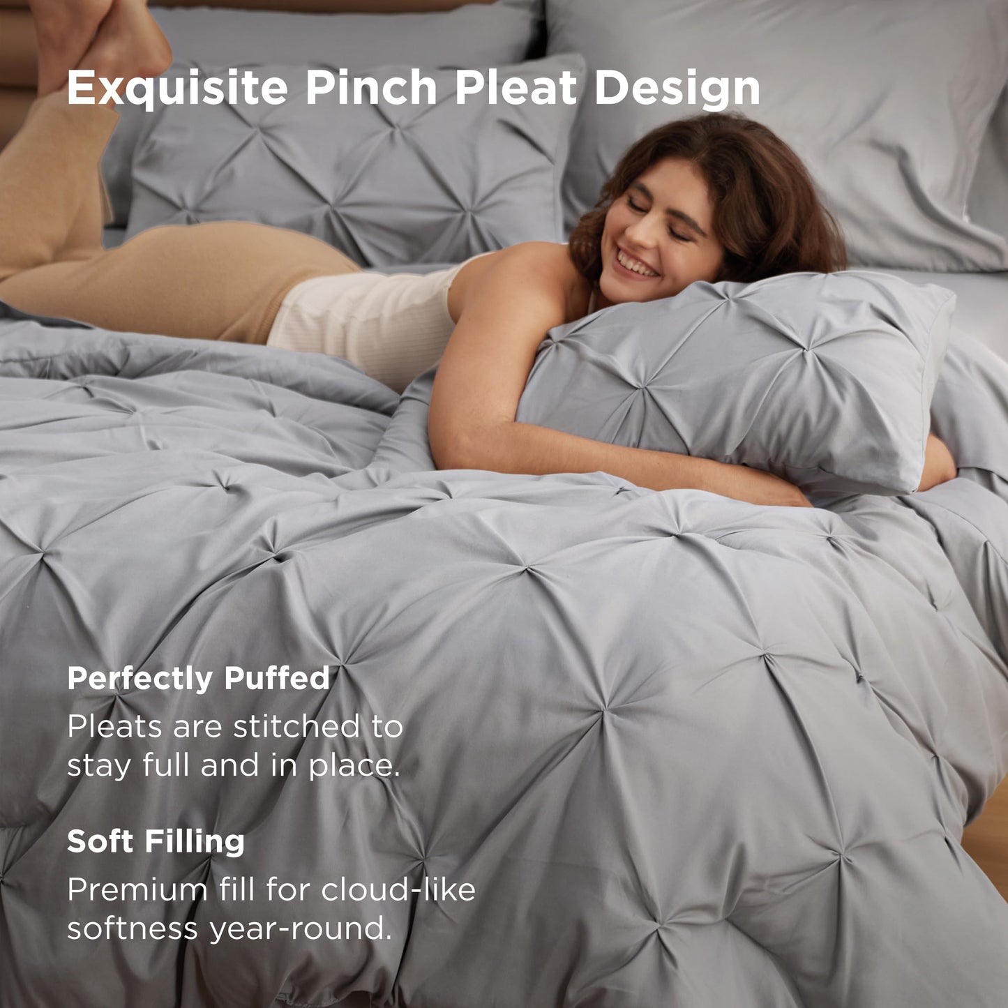Bedsure Queen Comforter Set Grey - Bed in a Bag Queen Size Bedding 7 Pieces, GentleSoft™ Pintuck Bed Set Gift for Family, All Season Down Alternative Comforter with Sheets, Pillowcases & Shams