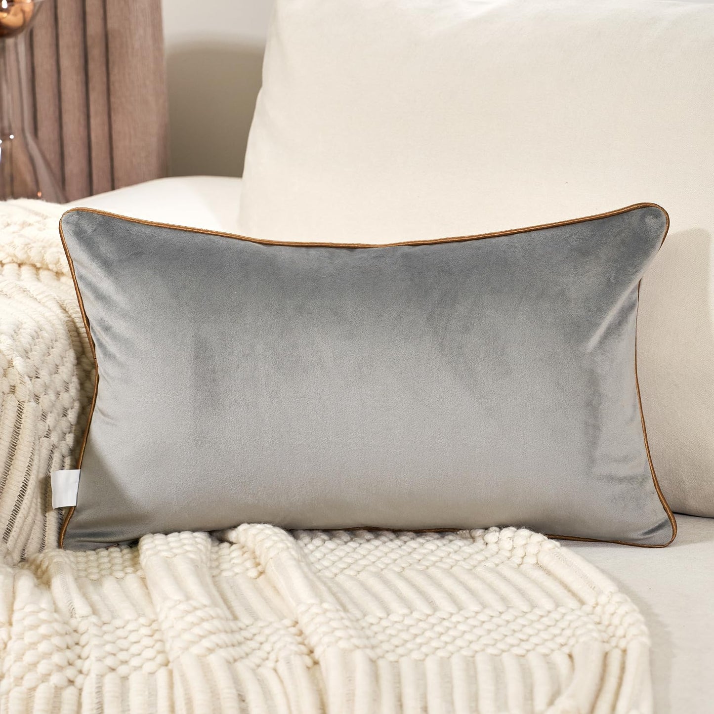 Aeckself Gray Gold Velvet Lumbar Throw Pillow Cover 12 x 20 Inch, Embroidery Rectangle Modern Plaid Accent Pillow Cover with Stitched Edge Decorative Oblong Cushion Case for Couch Living Room Bedroom
