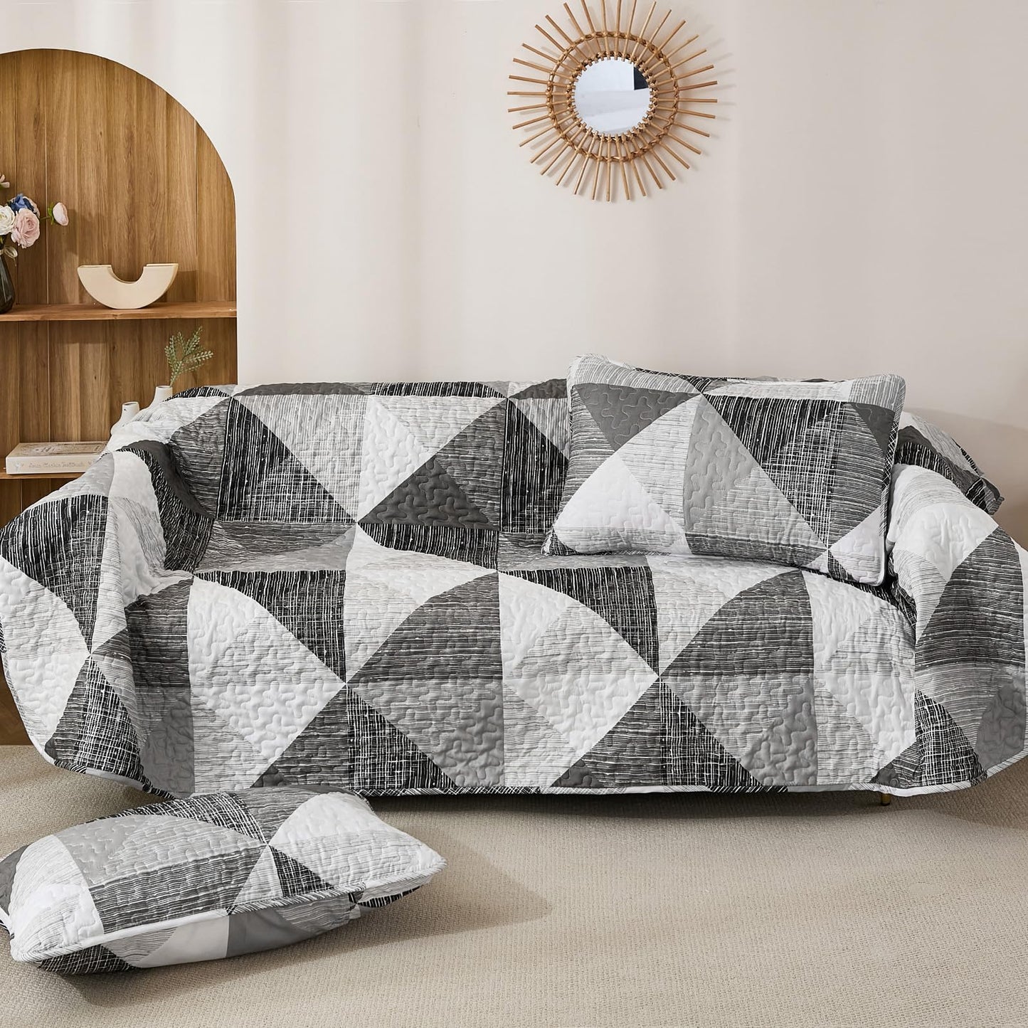 Dintszyayue Quilt Queen Size Grey, 3 Pieces Patchwork Bedspread Bedding for Queen Size Bed, Soft Lightweight Microfiber Geometric Coverlet Set for All Season Quilt with 2 Pillowcases