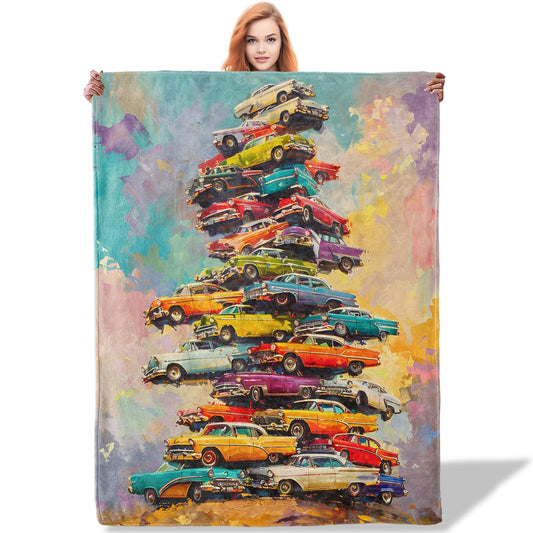 Plistiz Vintage Classic Car Throw Blanket for Women Girls Boys, Soft Flannel Blankets Gifts for Living Room Couch, Home, Sofa Decor, 50"x60"