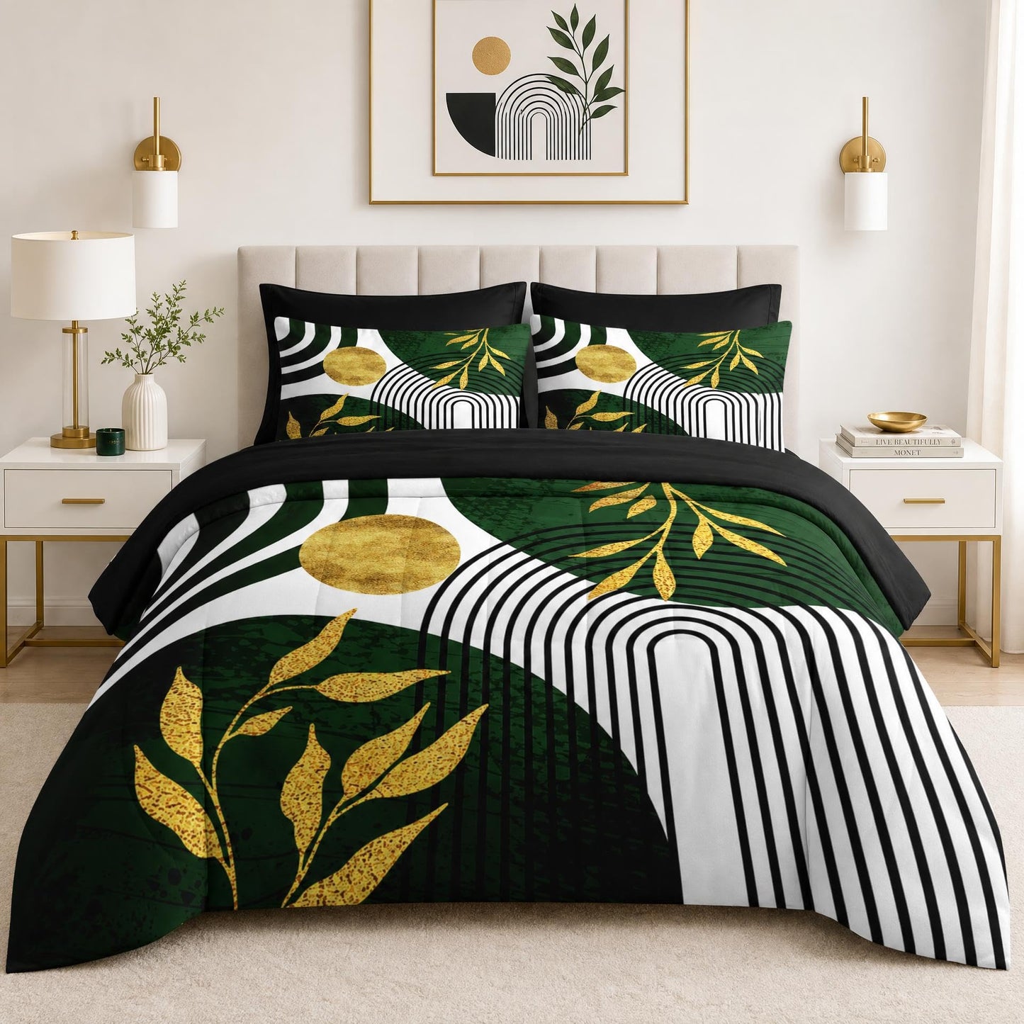 Nesker Comforter Set King Size, Green Boho Golden Leaves 7 Pcs Bedding for Kids and Adults, Mid Century Abstract Bed Sheet Sets with Fitted Sheet 2 Pillowcases & 2 Shams