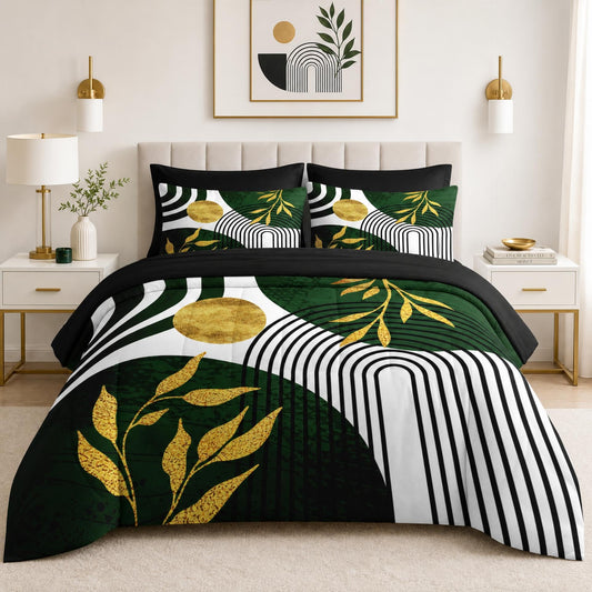 Nesker Comforter Set King Size, Green Boho Golden Leaves 7 Pcs Bedding for Kids and Adults, Mid Century Abstract Bed Sheet Sets with Fitted Sheet 2 Pillowcases & 2 Shams
