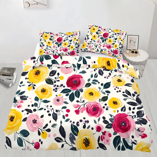 PAISUOQ Colorful Floral Duvet Cover Full, Boho Flowers Bedding, Rustic Flowers Comforter Cover with 2 Pillow Cases, 3 Pieces with Zipper & Ties, Bedroom Decor & Gifts