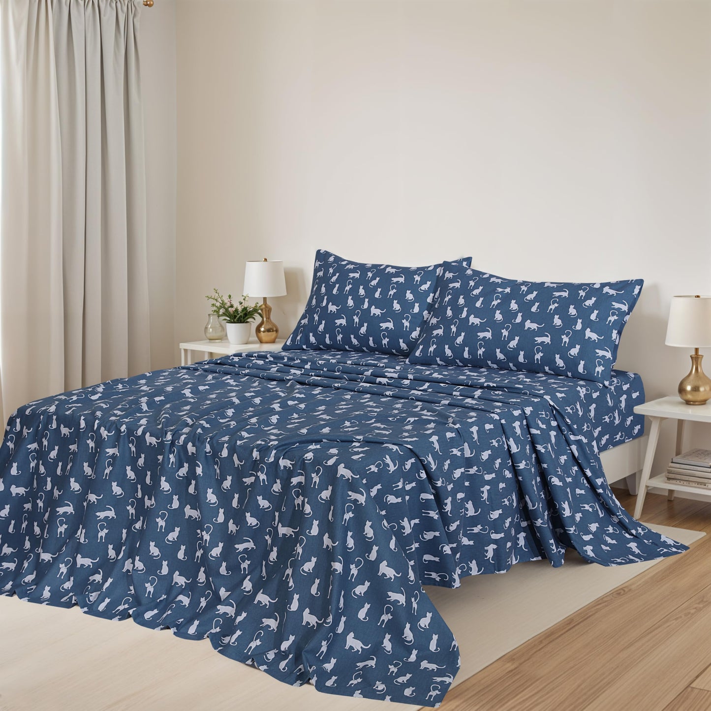 ZOYER Flannel Sheets Queen Size - 100% Cotton Double Brushed Bed Sheets, Deep Pockets 16 Inches Queen Sheet Set, All Seasons Breathable & Extra Soft - Warm & Cozy, 4 Piece, White Cat