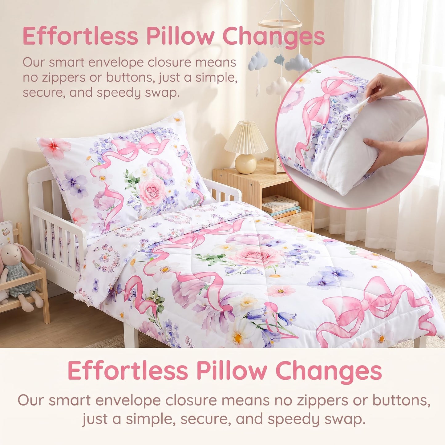 Pea Pod Floral Toddler Bedding Set for Girls, 4 Piece Bed-in-a-Bag Toddler Comforter Sets Cute Bowknot Princess Crib Bed Set | Include Quilt Comforter, Flat Sheet, Fitted Sheet, Pillowcase, Super Soft