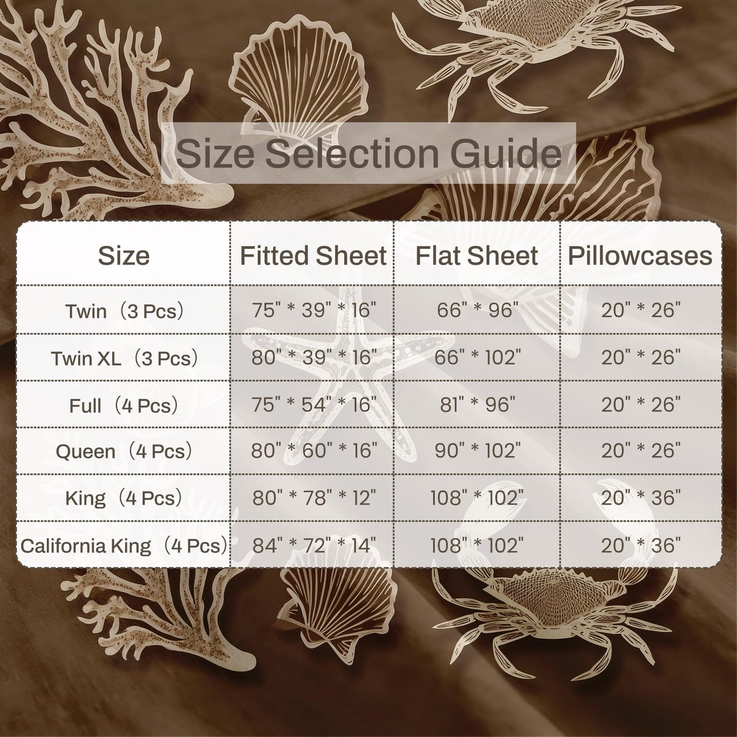 Seashell Full Sheet Set 4 Pcs Brown Coastal Bed Sheets