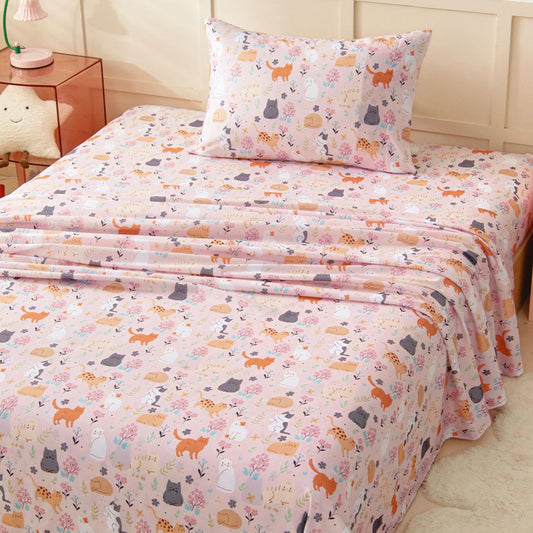 Swiftify Twin Sheet Set for Kids Girls, 3-Piece Bed Sheet Set for Toddler, Soft Brushed Microfiber Bedding, Deep Pocket, Wrinkle & Fade Resistant, Cute Cats
