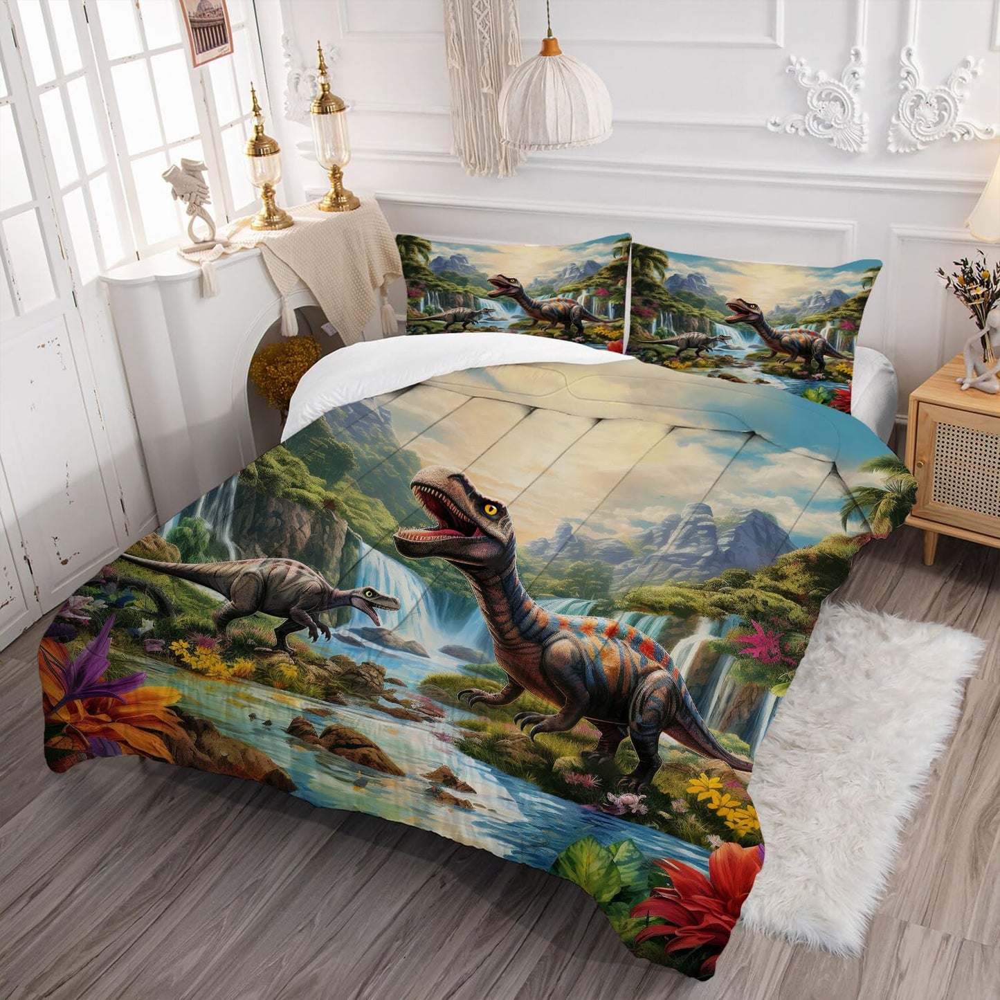 VTKON Kids Comforter Set Full Super Soft and Fluffy Microfiber Boys Kids Dinosaur Bedding Set Easy Care Cute Dinosaur Quilt Set with 1 Comforter and 2 Pillowcases