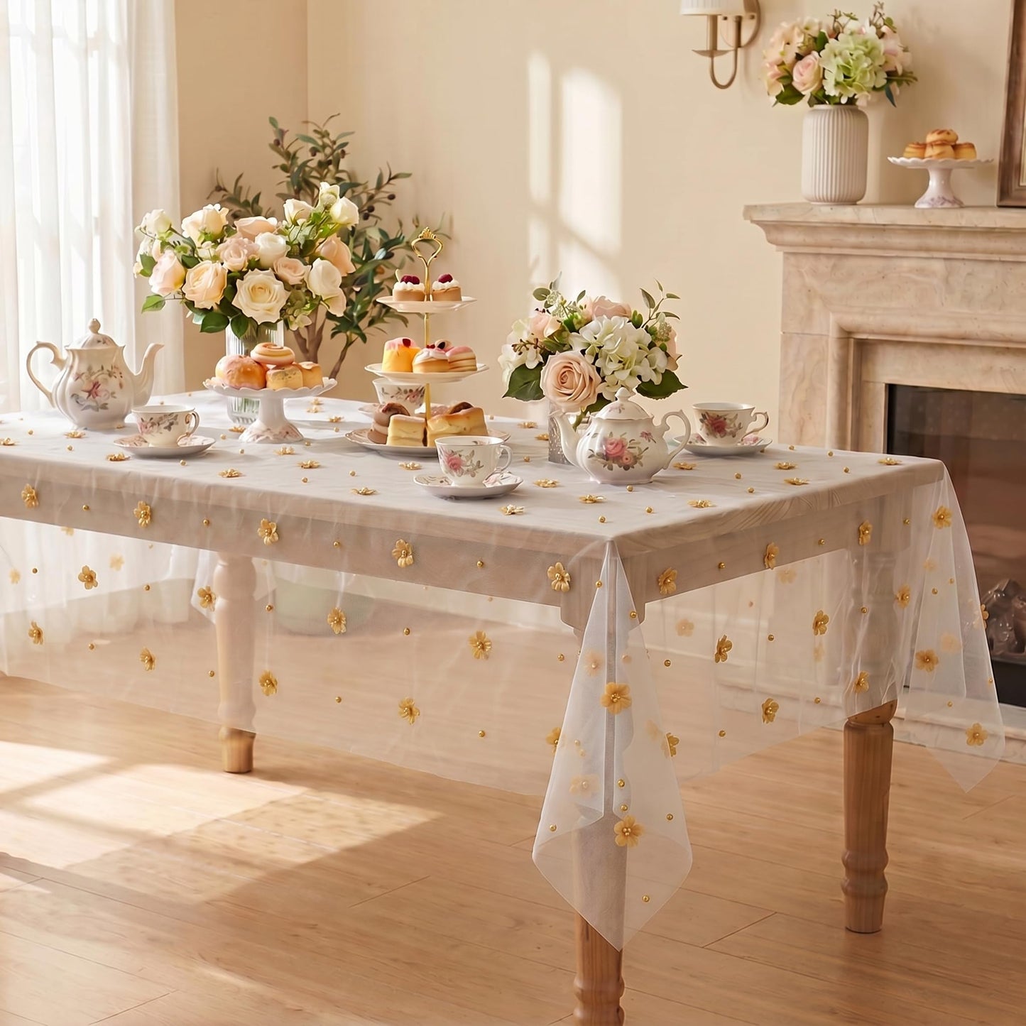 Horaldaily Yellow Flower Pearl Beige Gauze Table Cloth 60×84 Inch Rectangular, Seasonal Sheer Tulle Cheesecloth, Bridal Shower Table Cover for Wedding Birthday Table Decor
