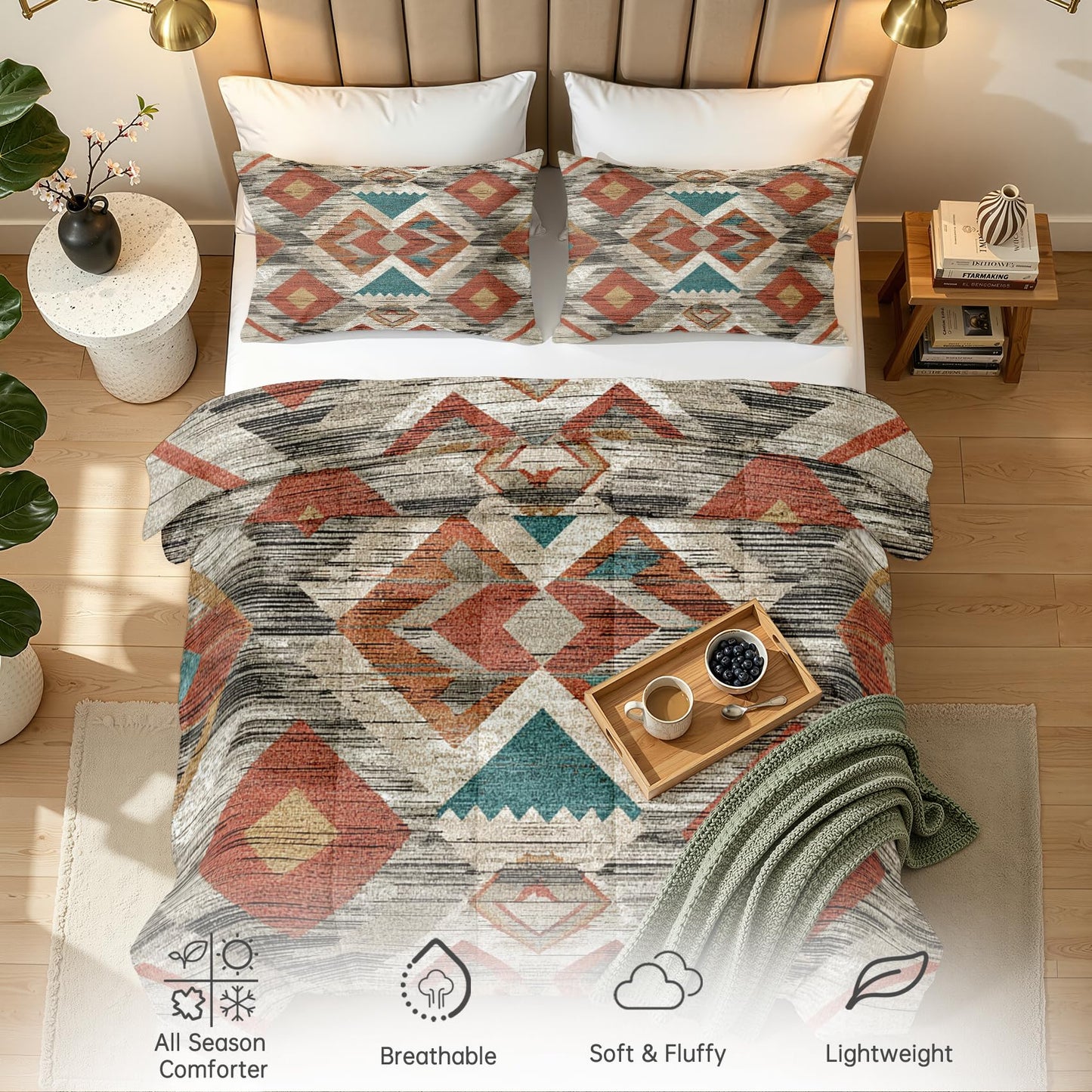 Southwestern Comforter Queen Size - 3 Pcs Bed Set, All Season Duvet Insert & 2 Pillowcases, Native American Bedding Set, Soft Lightweight Down Alternative Comforter, Geometric Bedroom Decor
