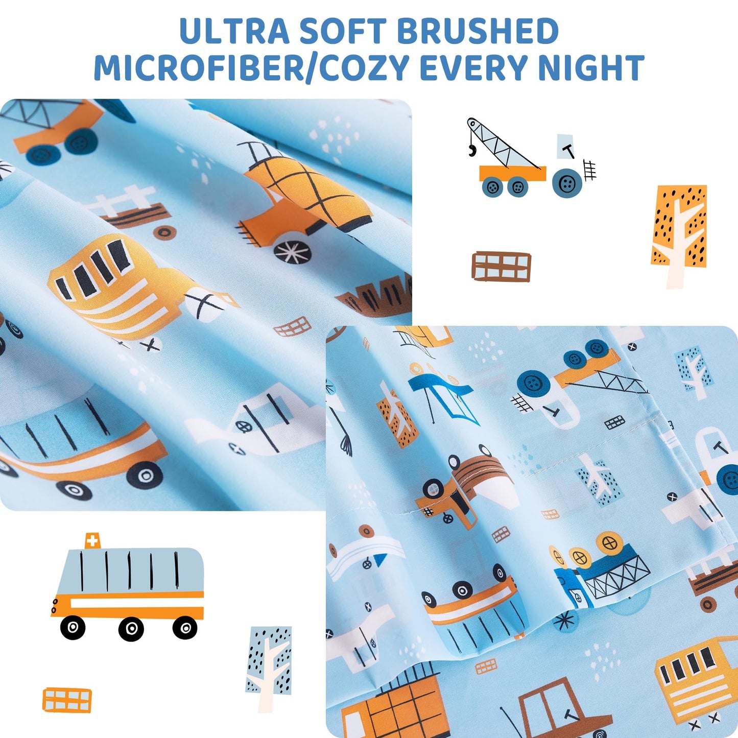 Viviland 3 Pieces Boys Blue Truck Twin Sheet Set - Soft Microfiber Fitted Flat Sheets & Pillowcase - Construction Truck Bedding Sets - for Kids & Toddlers