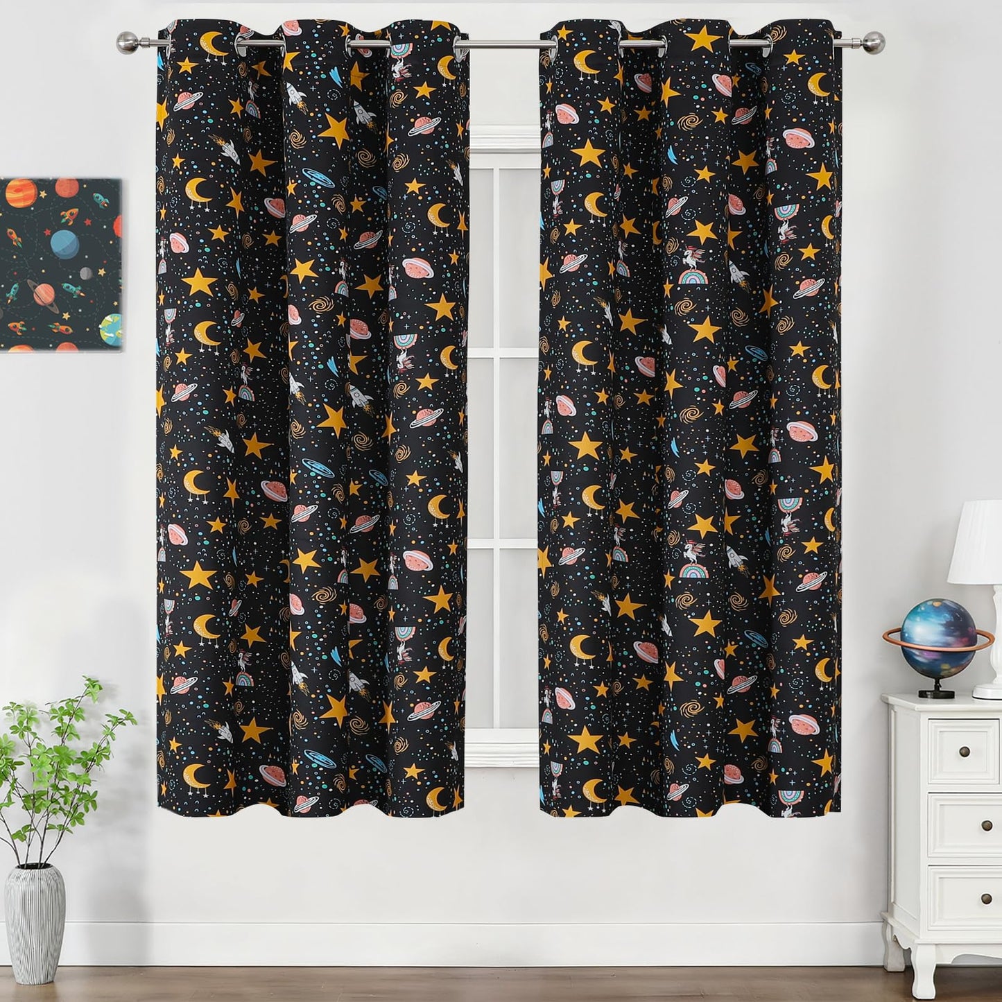Estelar Textiler Unicorn Planet Printed Black Blackout Curtains 63 Inch Long for Nursery, Thermal Insulated Room Darkening Star and Moon Grommet Window Drapes for Kids Bedroom(38"W x 63"L, 2 Panels)