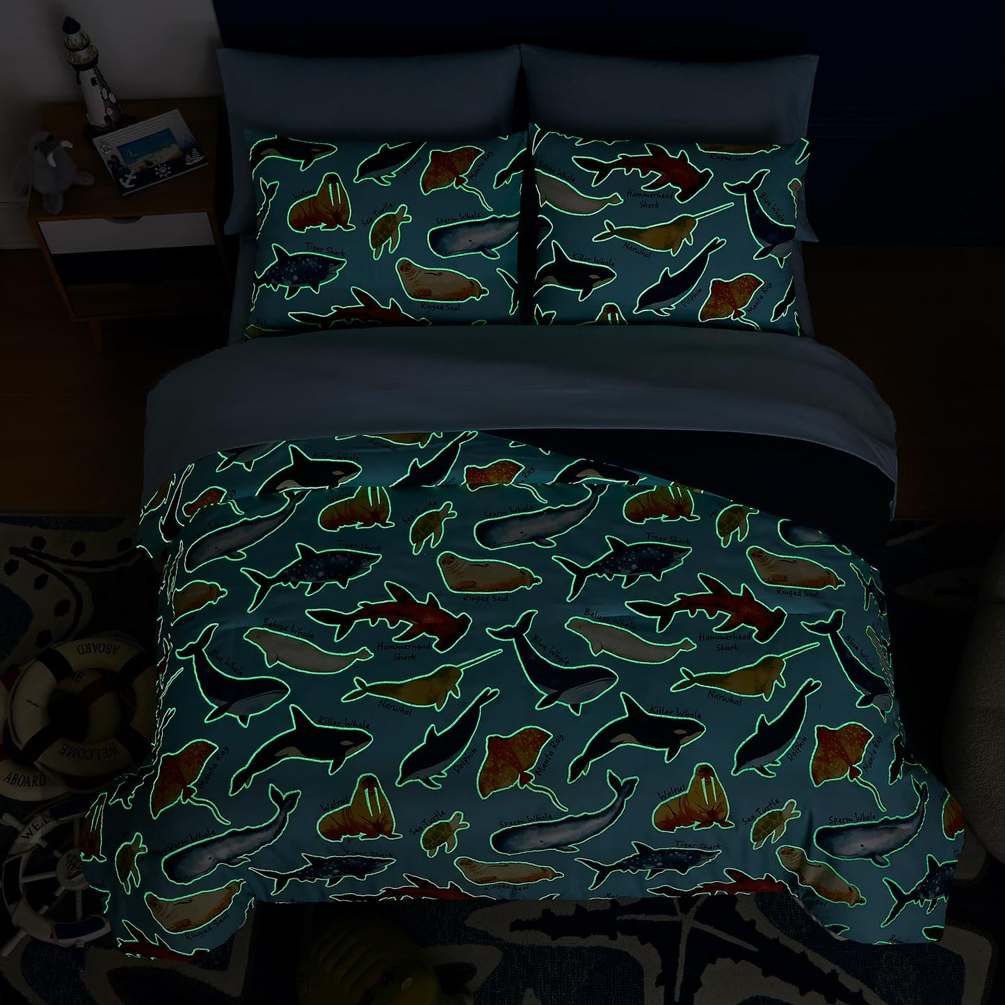 Wink Deer Full Size Comforter Set for Boys-7 Pieces Ocean Animals Glow in the Dark Full Bedding Sets for Kids, Ultra Soft Bed in A Bag with Sheets