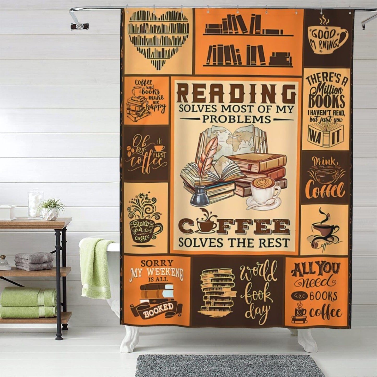 noasqll Reading Solves Most of My Problems Coffee The Restof You Shower Curtain 60 X 72 Inch Waterproof Shower Curtain Set Bathroom Curtain Decor with 12 Hooks
