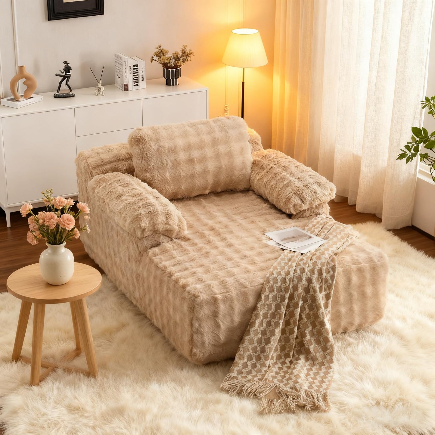 VINGLI Boneless Chaise Lounge Chair Indoor, 55.5" Deep Seat Sleeper Sofa Bed Upholstered Bubble Fleece Fabric Couches for Living Room, Bedroom, Play Room, No Assembly Required