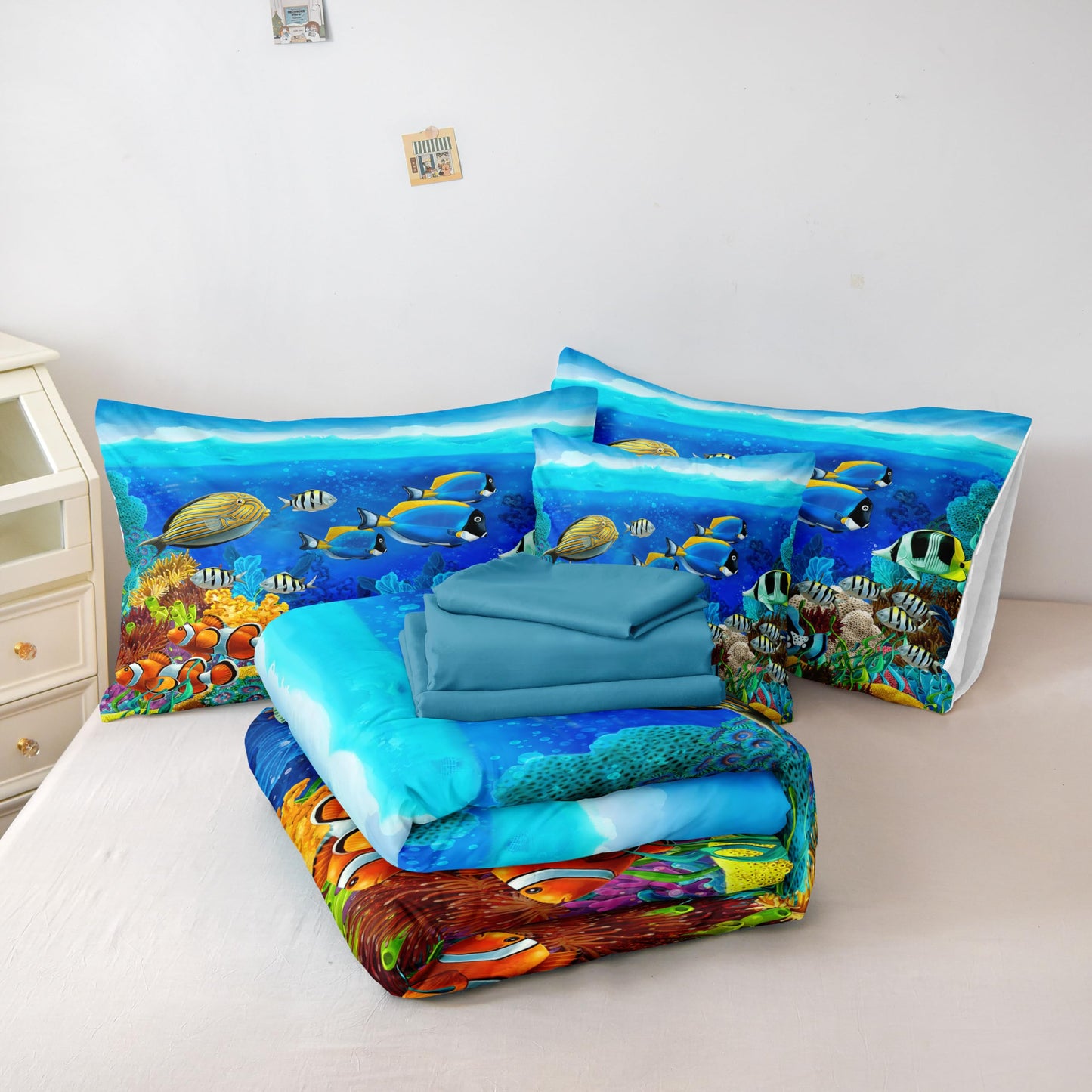 Bedding_Dreamer Ocean Queen Comforter 8 Pcs Sea Animal Tropical Fish Home Decor Sheet Set Blue Bed in a Bag with 1 Cushion Cover