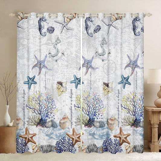 Beach Starfish Darkening Drapes Ocean Marine Themed Sailboat Curtains for Bedroom Living Room for Children Sea Creatures Curtains Coastal Nautical Room Decor (2 Panels,52 x 63 Inch) Window Treatments