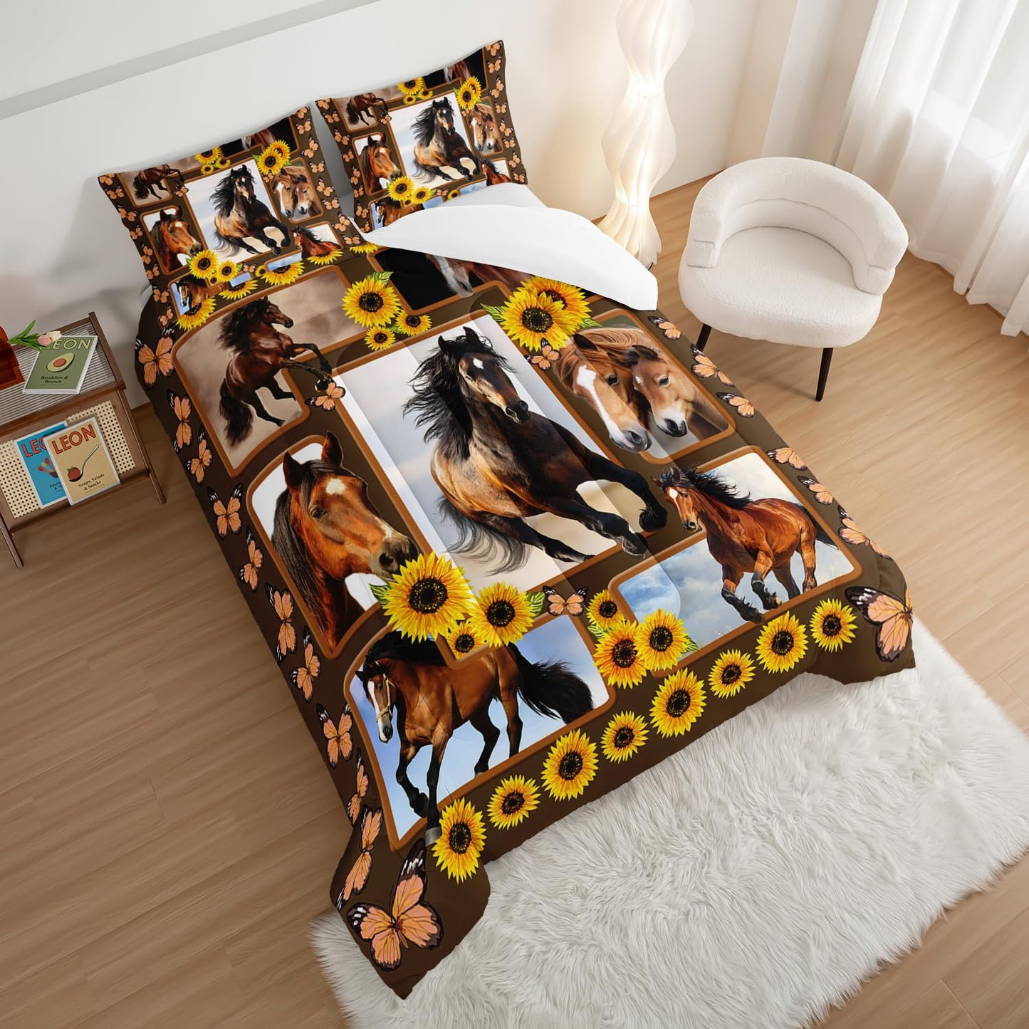 HOSIMA Horse Twin Size Comforter Sets,Kids Adult Girls Bedroom Modern Decor Brown Horse and Sunflower Bedding Sets,3D Print Wild Animals Pattern Western Bedding Set Theme with 2 Pillow Shams.