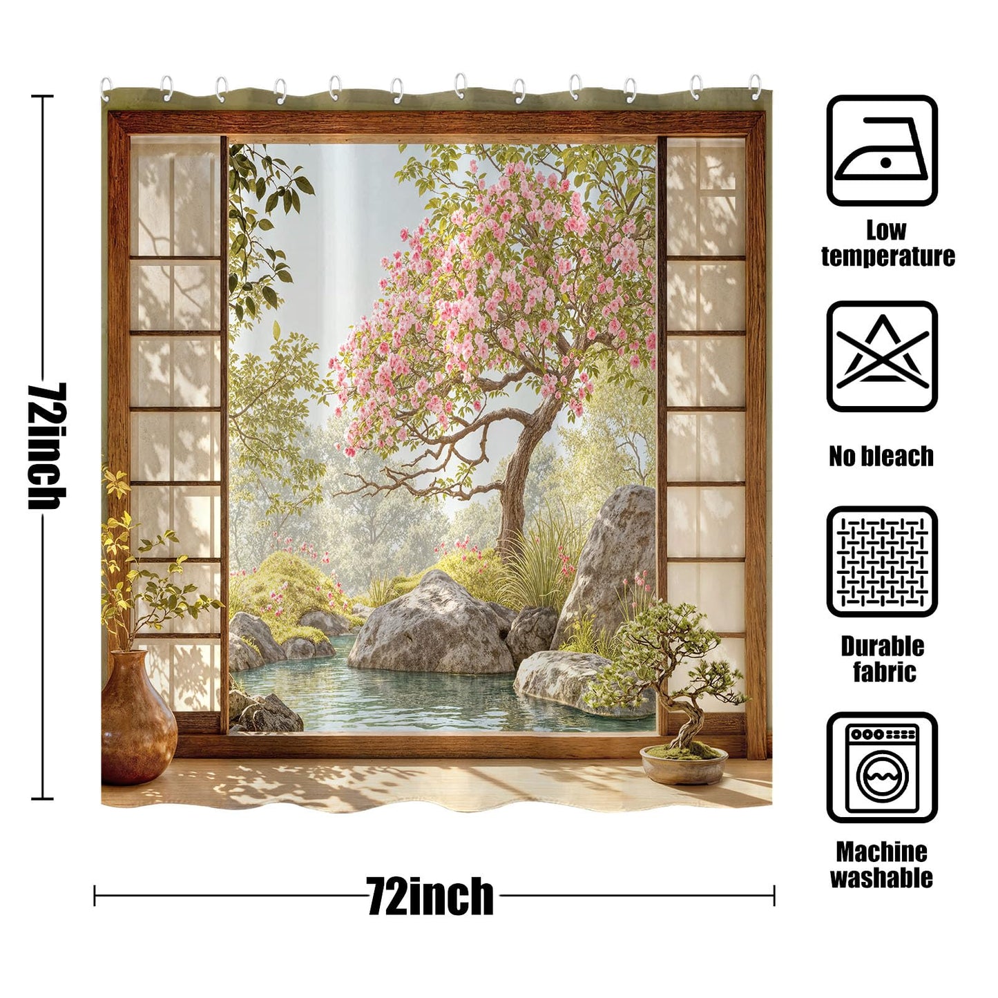 Lifeel Japanese Zen Garden Shower Curtain, Sakura Rock Pond Oriental Peaceful Scenery Bathroom, 72x72 inch