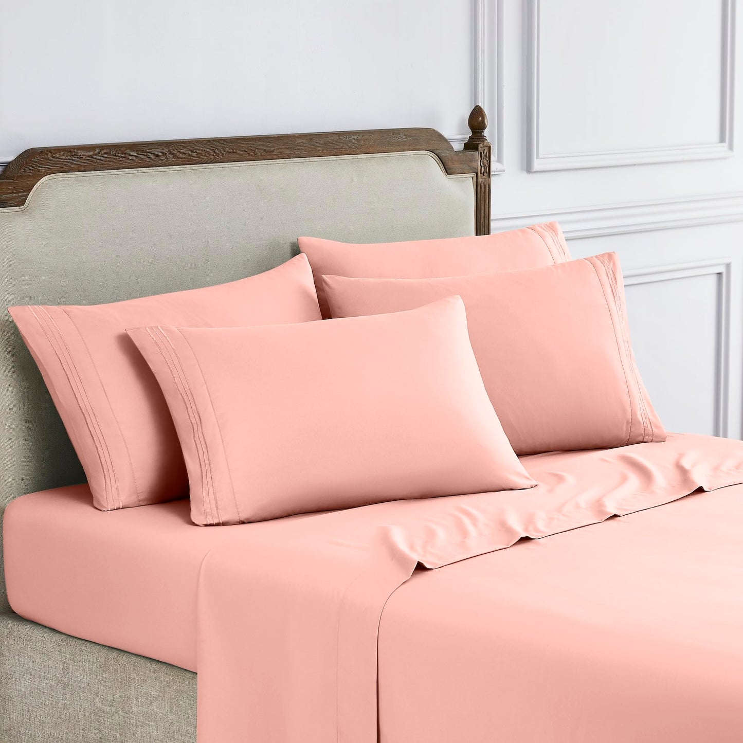 Modern Threads 6-Piece Bed Sheet Set - Deep Pocket, Soft Brushed Microfiber Sheets, Cool & Breathable for Mattress Up to 21 Inches, Includes 4 Pillowcases, Flat & Fitted Sheets, Cloud Pink Queen